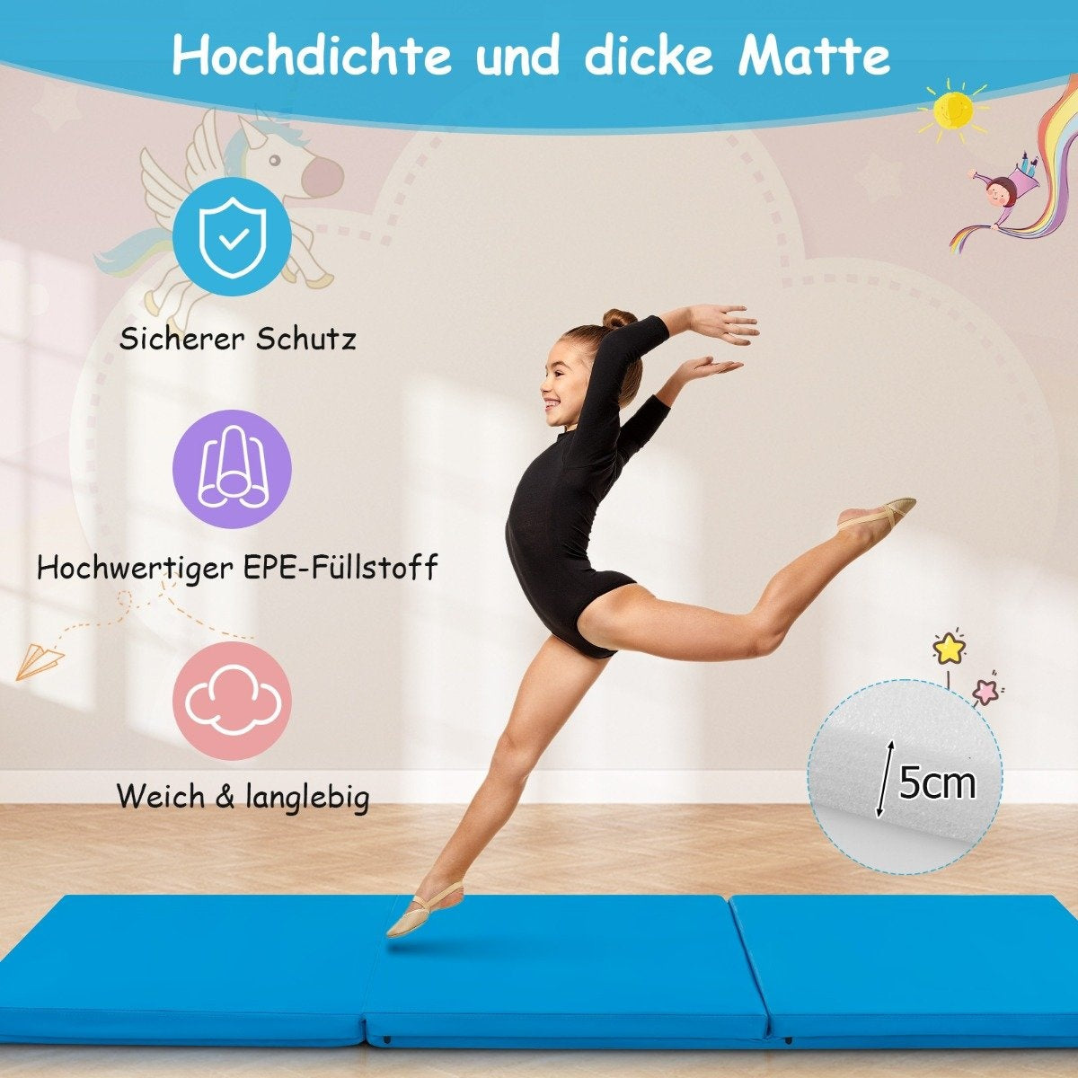 Foldable soft floor mat with 2 handles Non-slip gymnastics mat 180 x 60 x 5 cm Blue