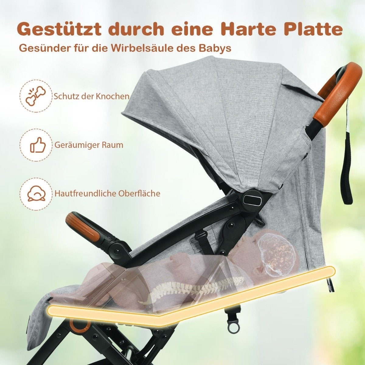 Foldable stroller with adjustable backrest & footrest & canopy gray