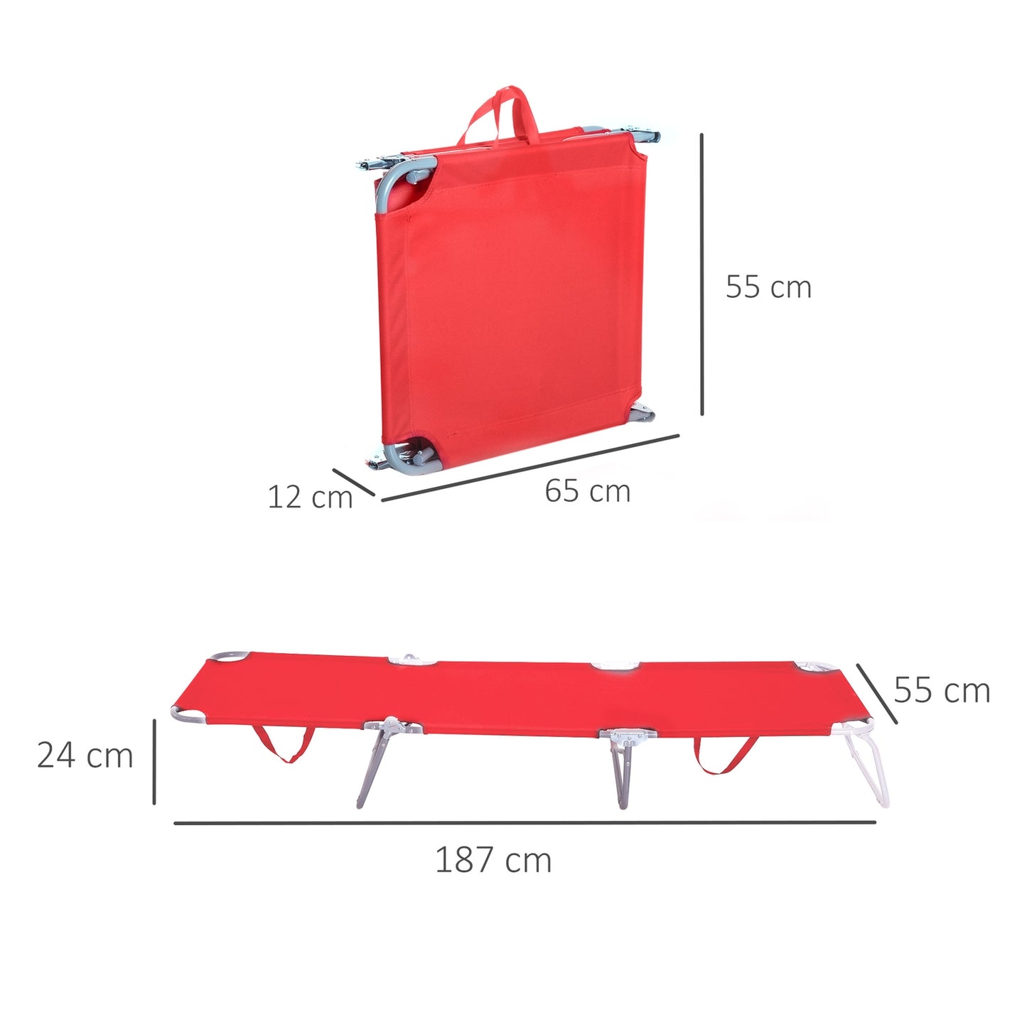 Red folding sun lounger, adjustable metal backrest