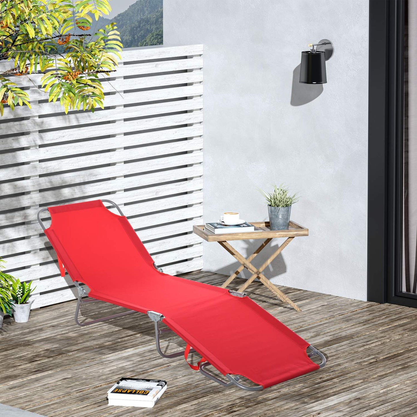 Red folding sun lounger, adjustable metal backrest