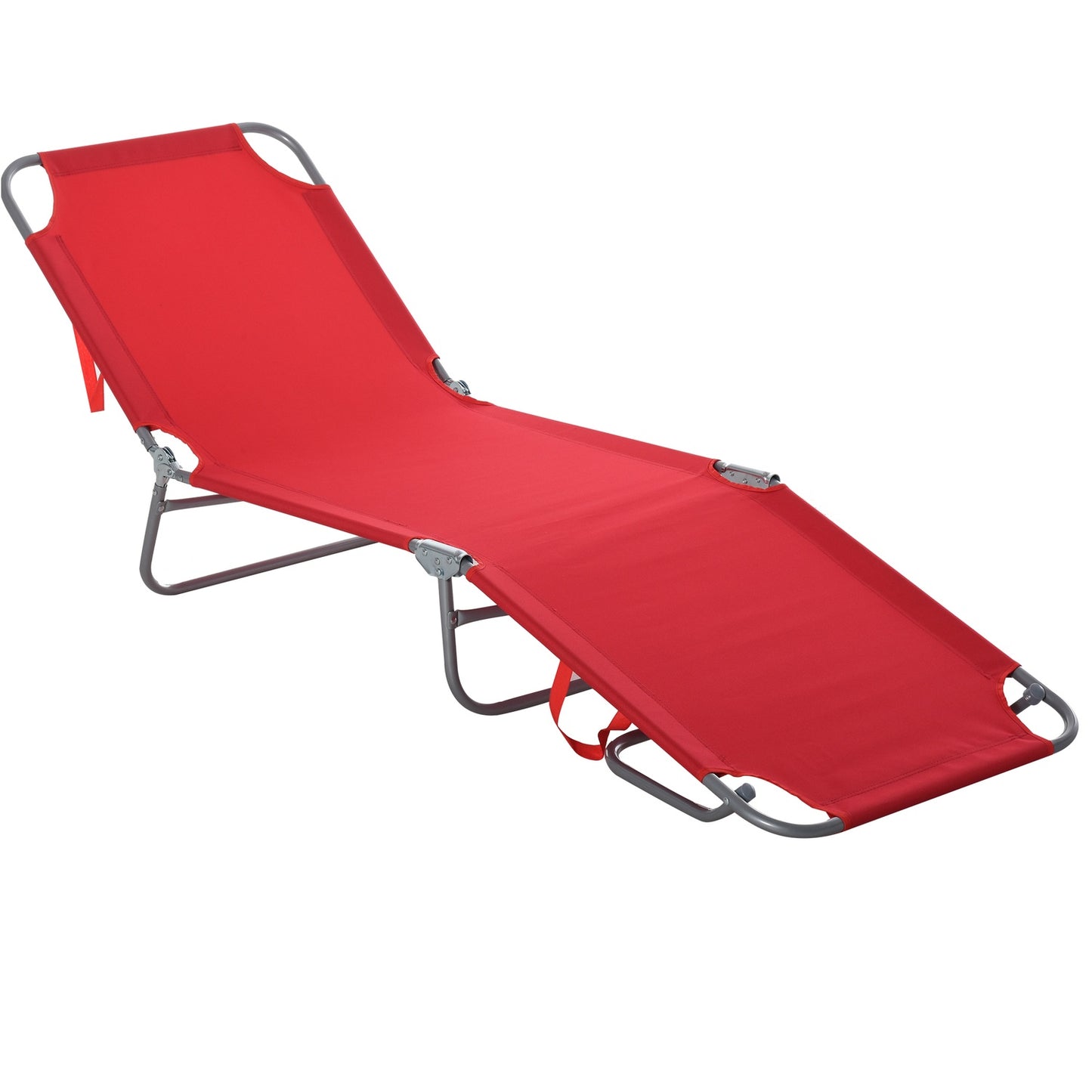 Red folding sun lounger, adjustable metal backrest