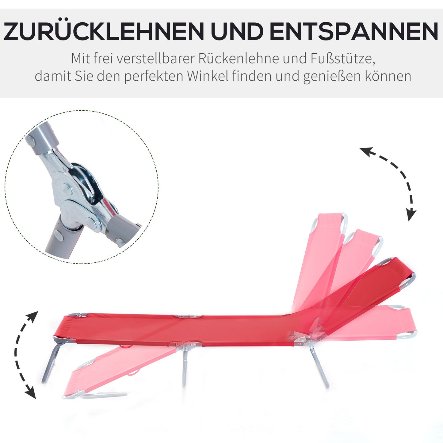 Red folding sun lounger, adjustable metal backrest