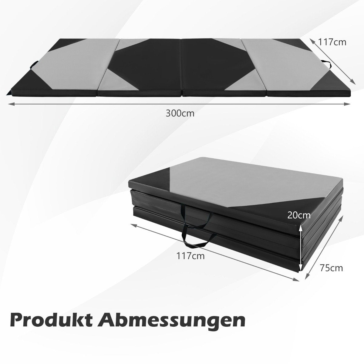 Foldable training mat made of faux leather with Velcro fasteners &amp; Carrying handles 300 x 117 x 5 cm-gray