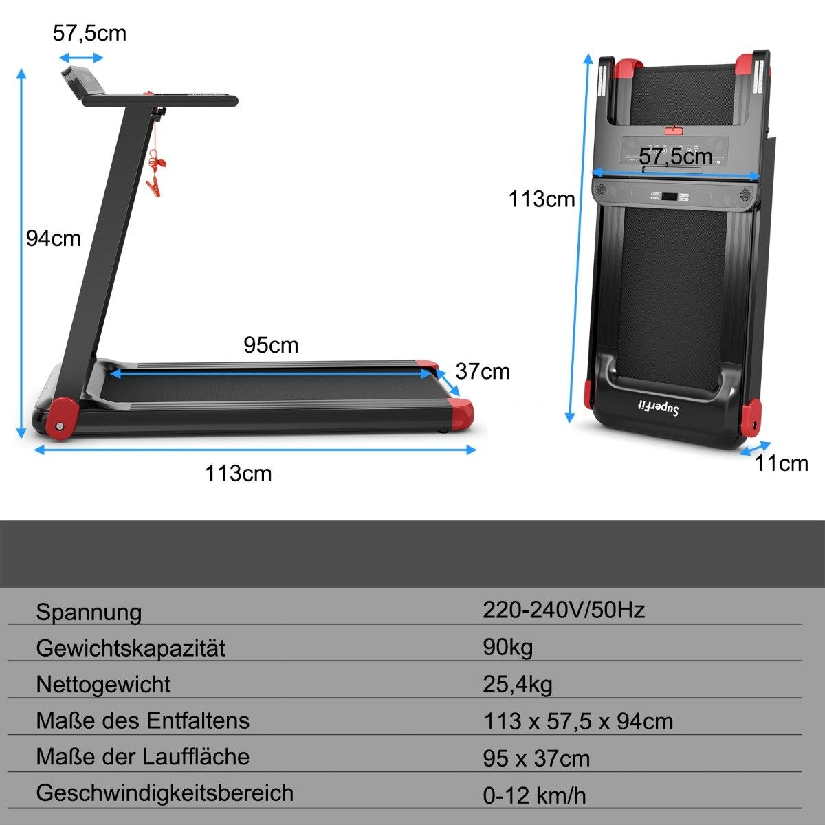 Foldable treadmill for home with app control Bluetooth speaker red
