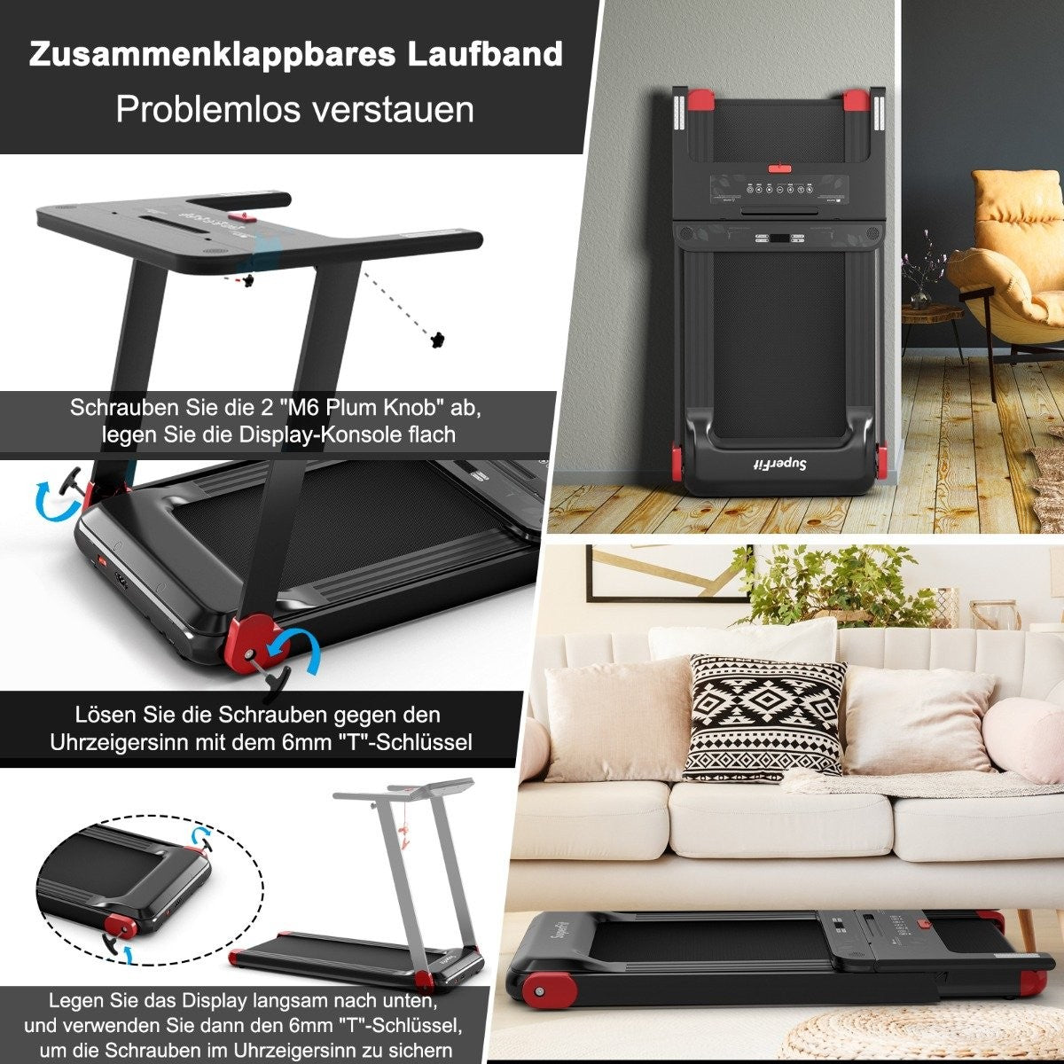 Foldable treadmill for home with app control Bluetooth speaker red