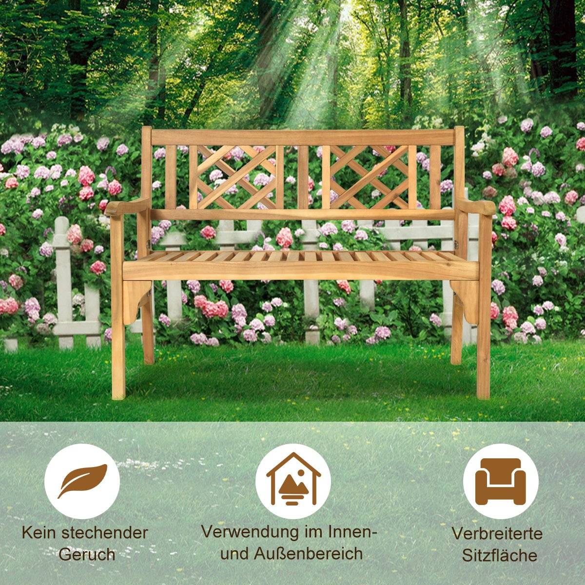 Folding Acacia Wood Garden Bench, 2-Seater, Natural Finish