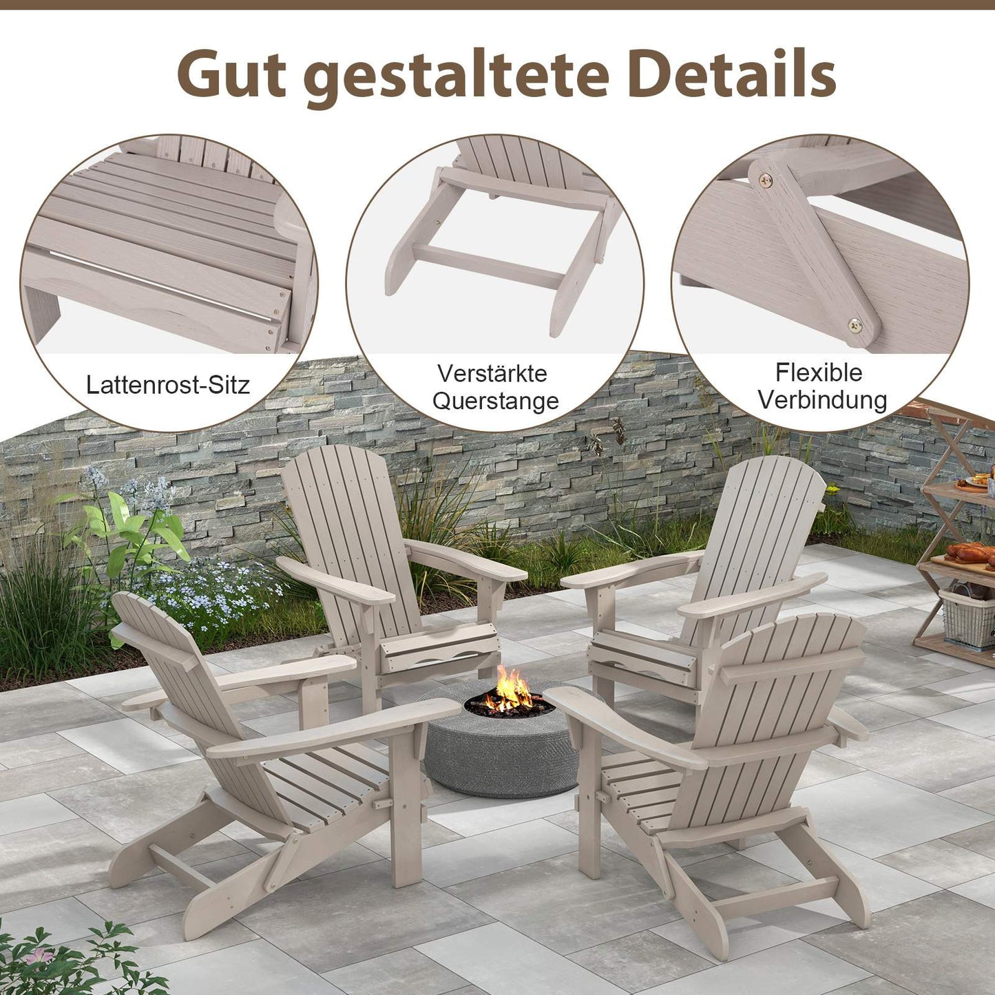 Folding Adirondack Chair, Gray Wood, High Backrest