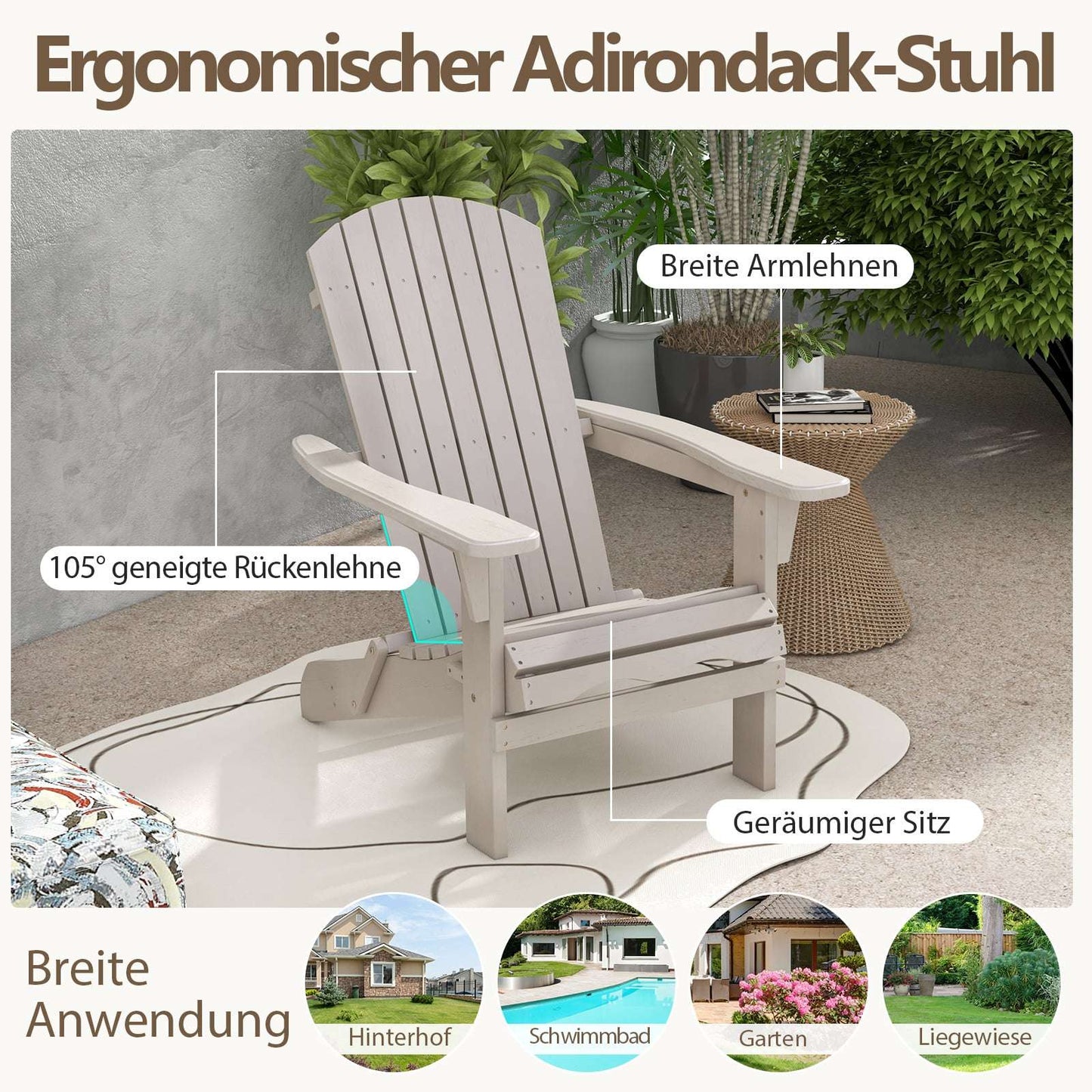 Folding Adirondack Chair Set, Wood, 180kg Capacity, Gray