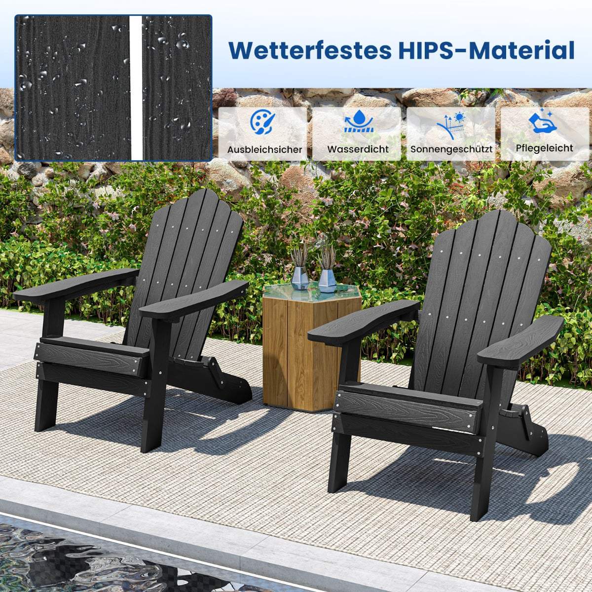 Folding Adirondack Chair, Weatherproof Black HIPS