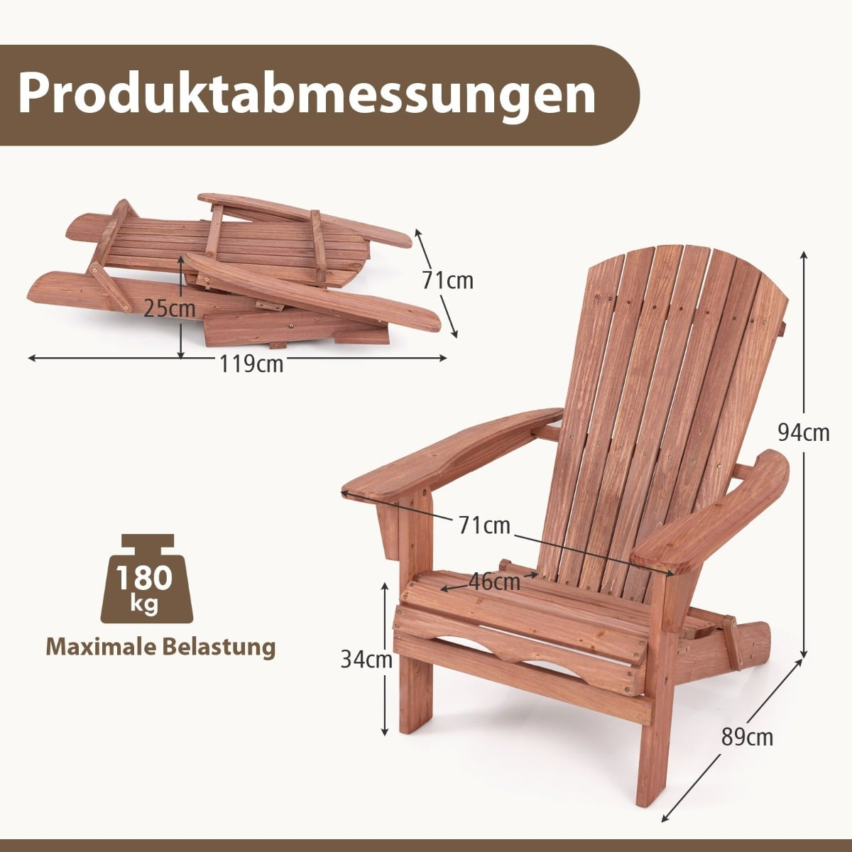 Folding Adirondack Chair, Wood, 180kg Capacity