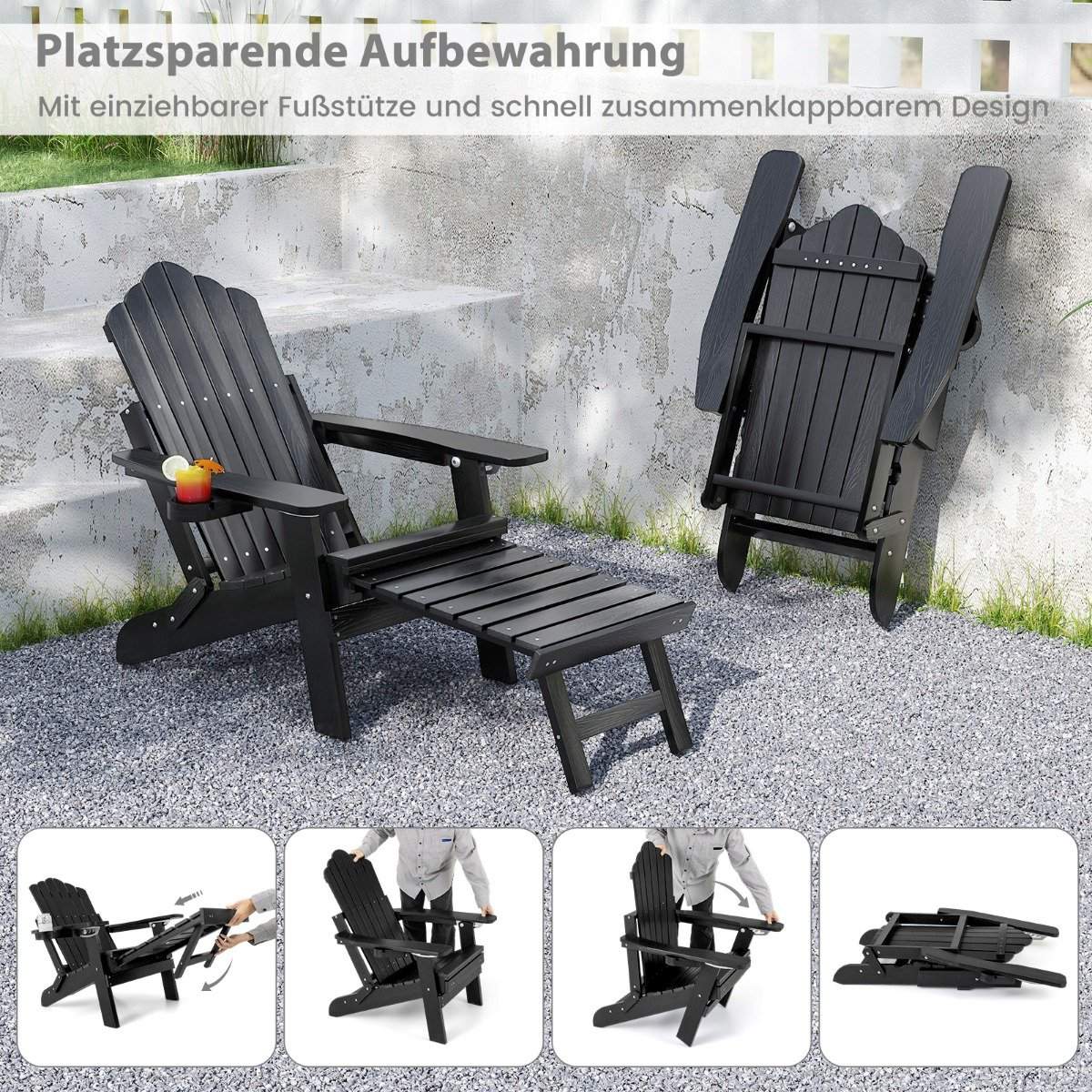 Folding Adirondack Chair with Footrest & Adjustable Backrest Garden Chair with Cup Holder Black