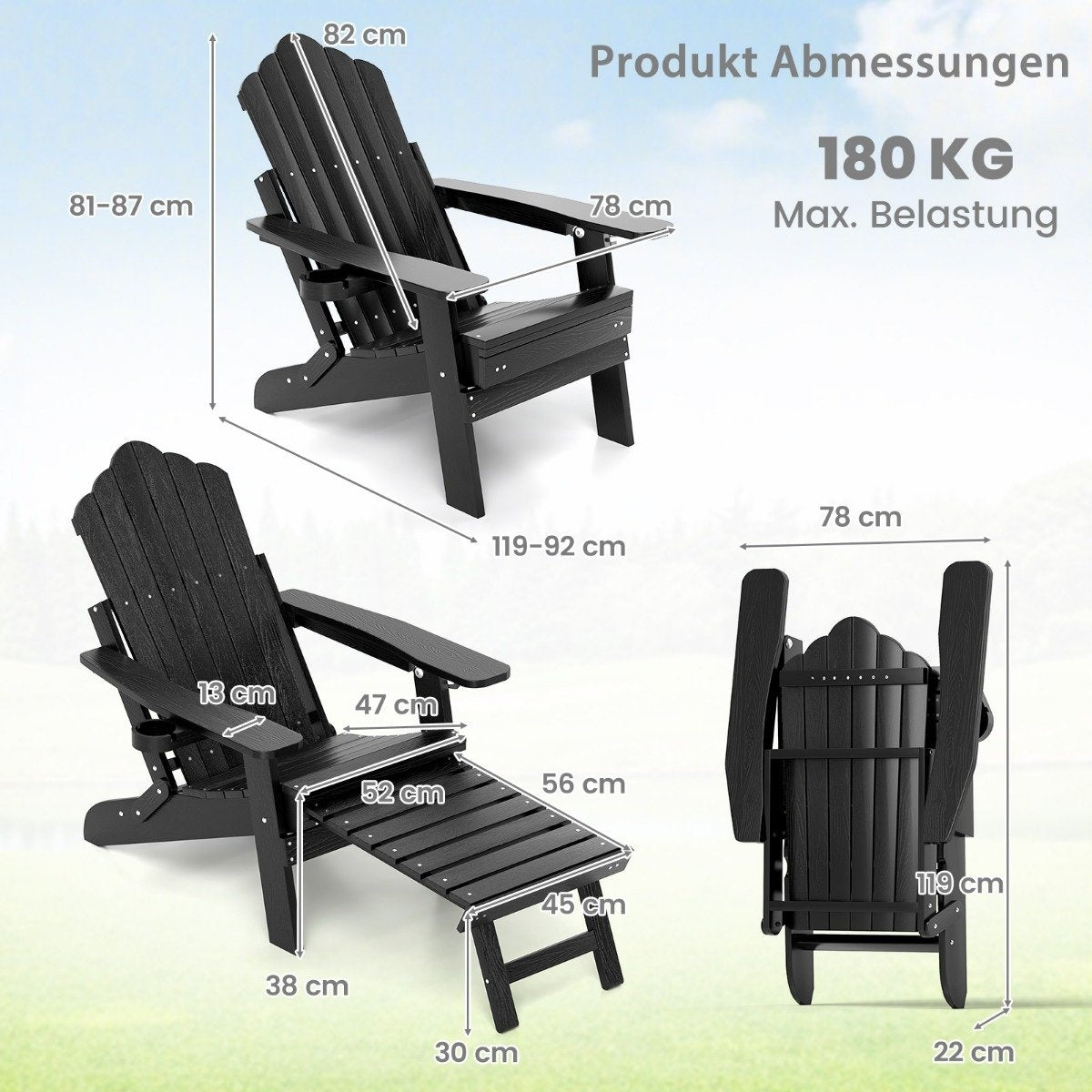 Folding Adirondack Chair with Footrest & Adjustable Backrest Garden Chair with Cup Holder Black