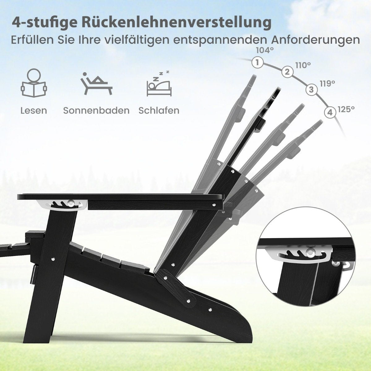 Folding Adirondack Chair with Footrest & Adjustable Backrest Garden Chair with Cup Holder Black