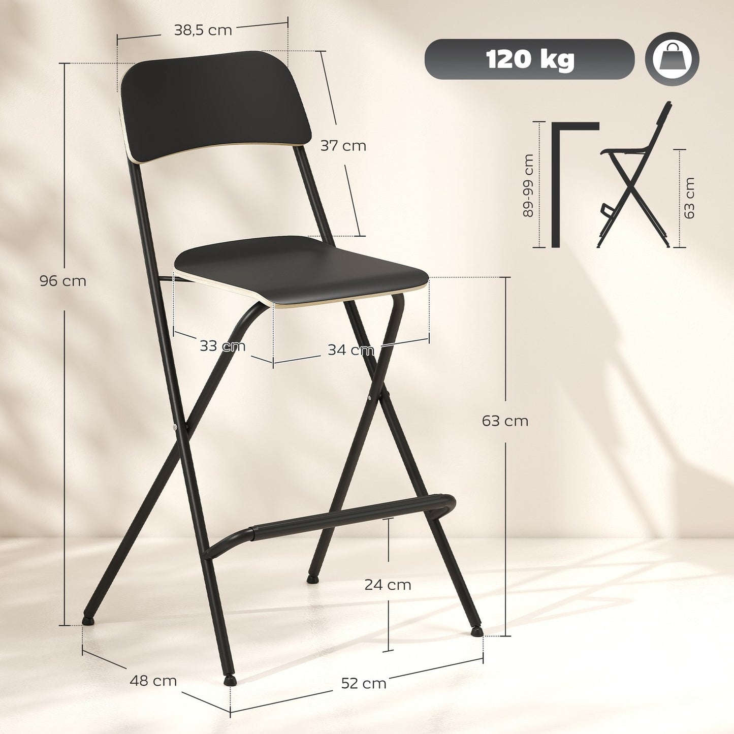 Folding Bar Stools Set of 2, Black Steel Frame, 120kg Capacity