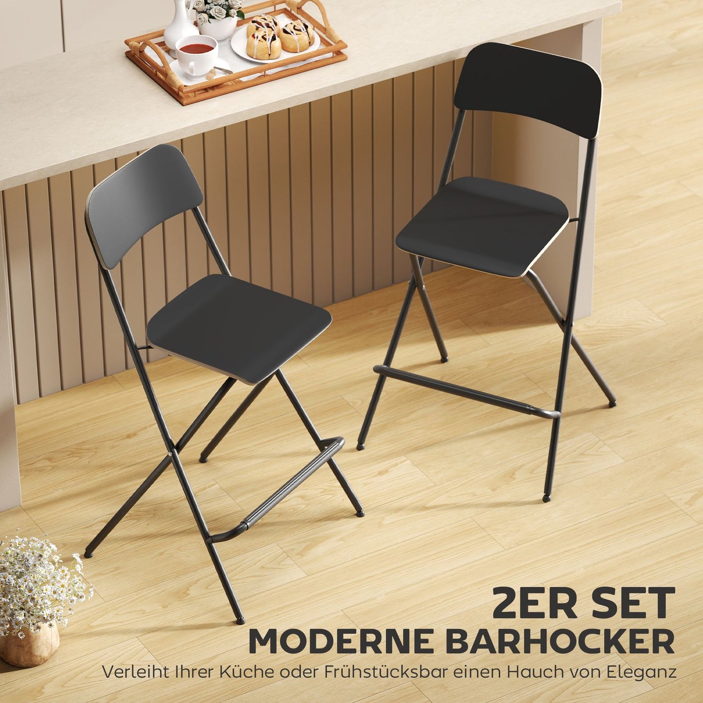Folding Bar Stools Set of 2, Black Steel Frame, 120kg Capacity