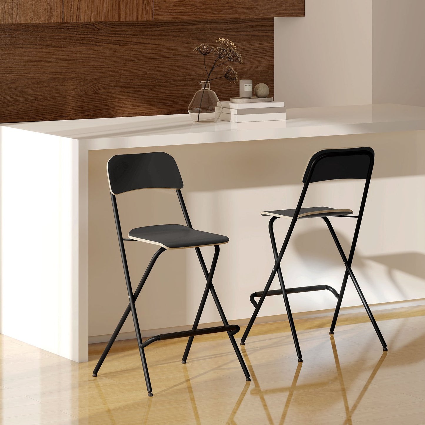 Folding Bar Stools Set of 2, Black Steel Frame, 120kg Capacity