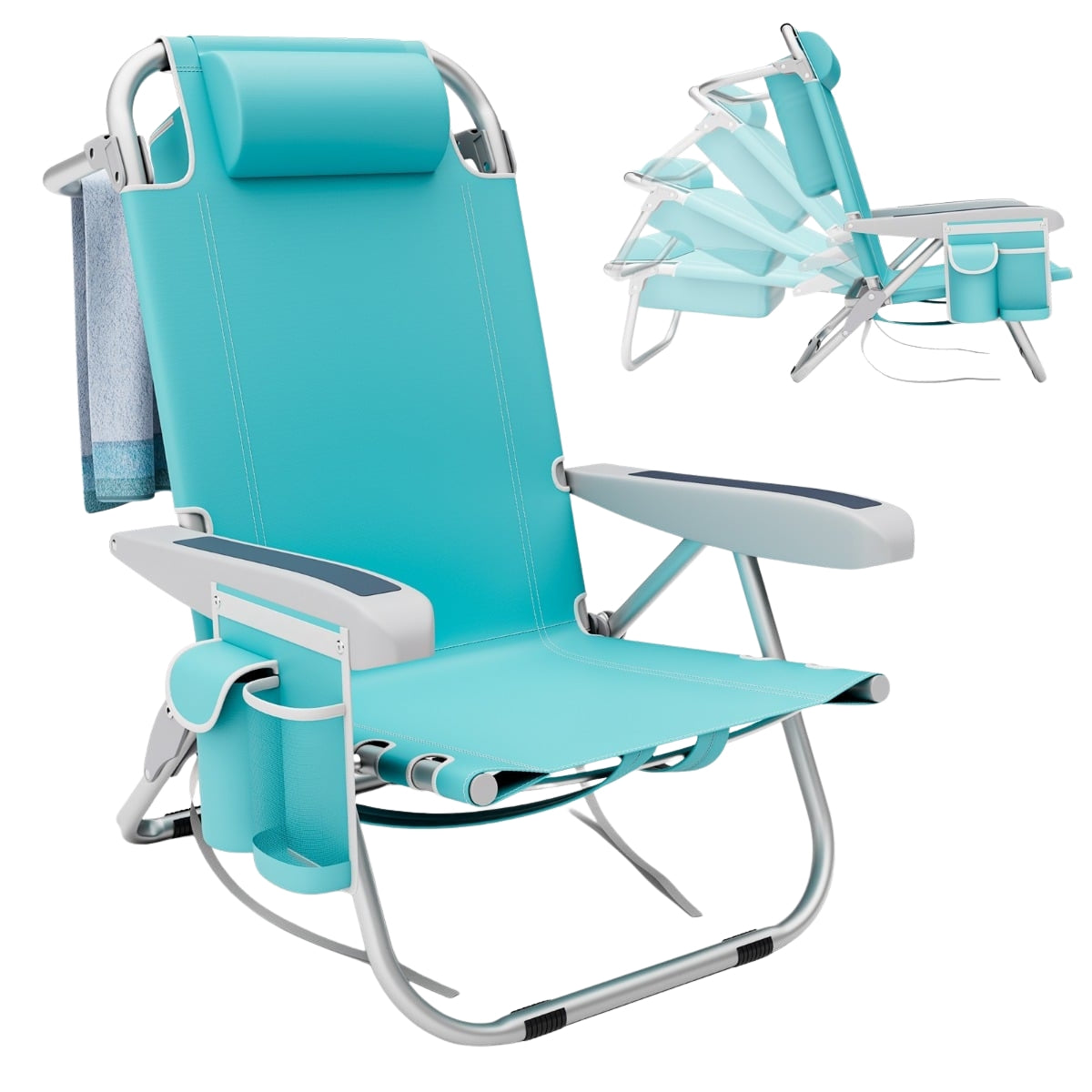 Folding Beach Chair Set with Adjustable Backrest, Blue