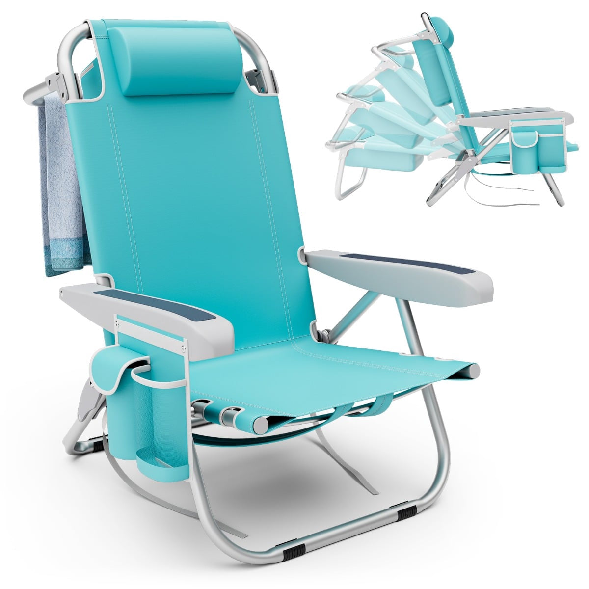 Folding Beach Chair Set with Adjustable Backrest, Blue