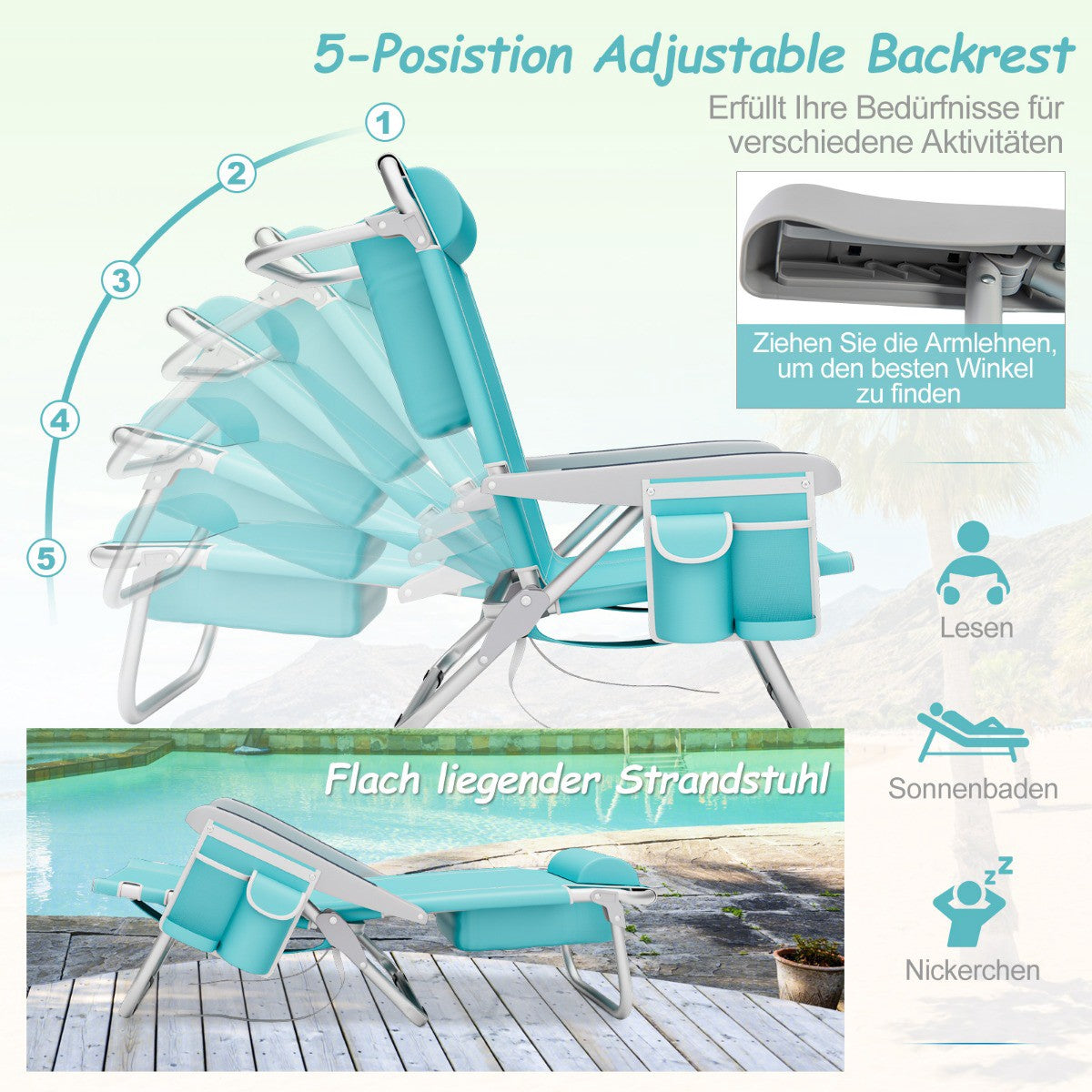 Folding Beach Chair Set with Adjustable Backrest, Blue