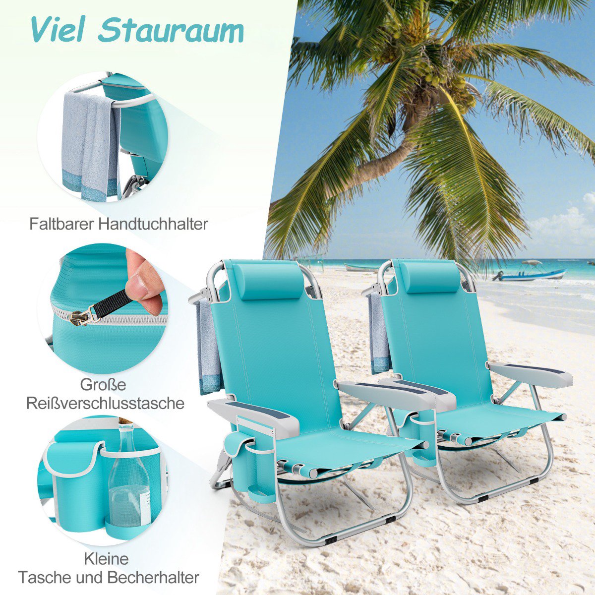 Folding Beach Chair Set with Adjustable Backrest, Blue