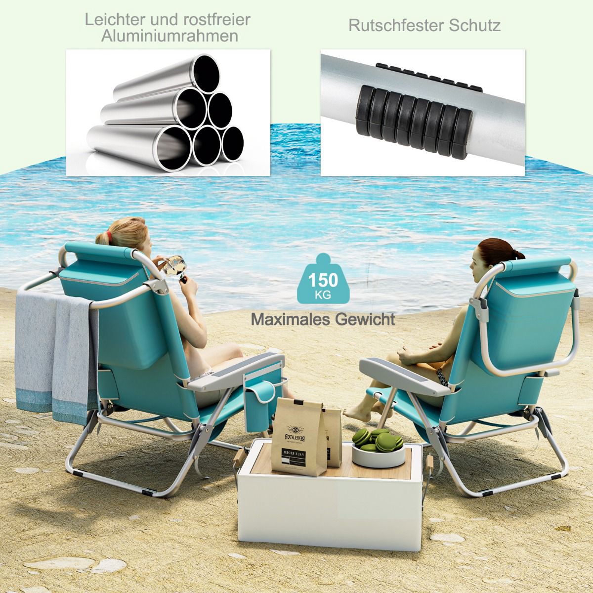 Folding Beach Chair Set with Adjustable Backrest, Blue