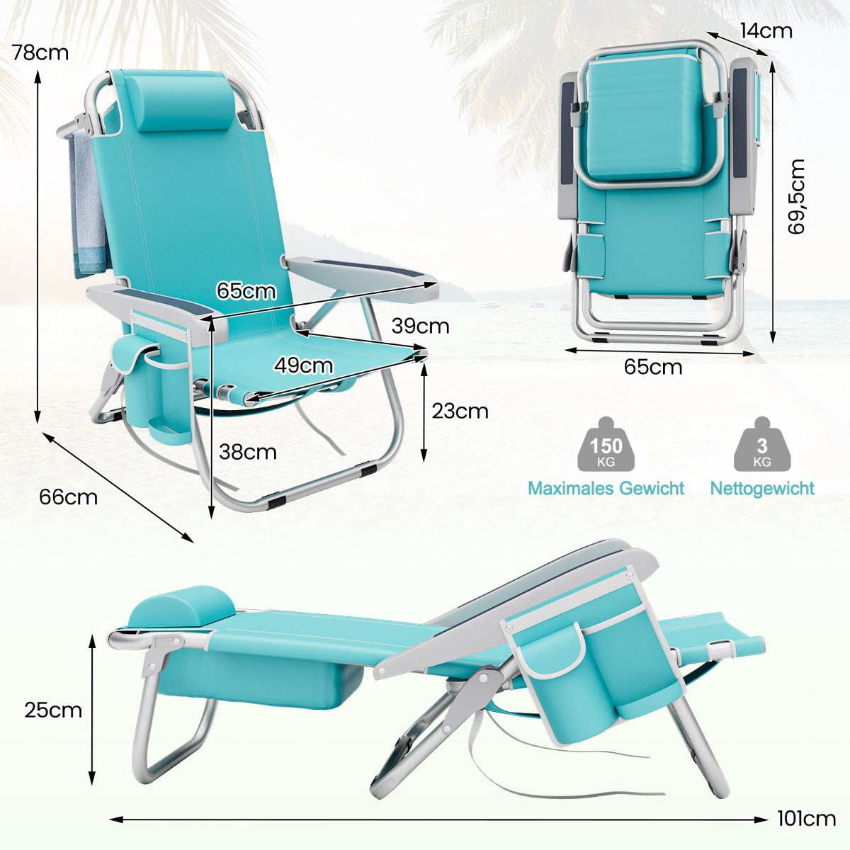 Folding Beach Chair Set with Adjustable Backrest, Blue