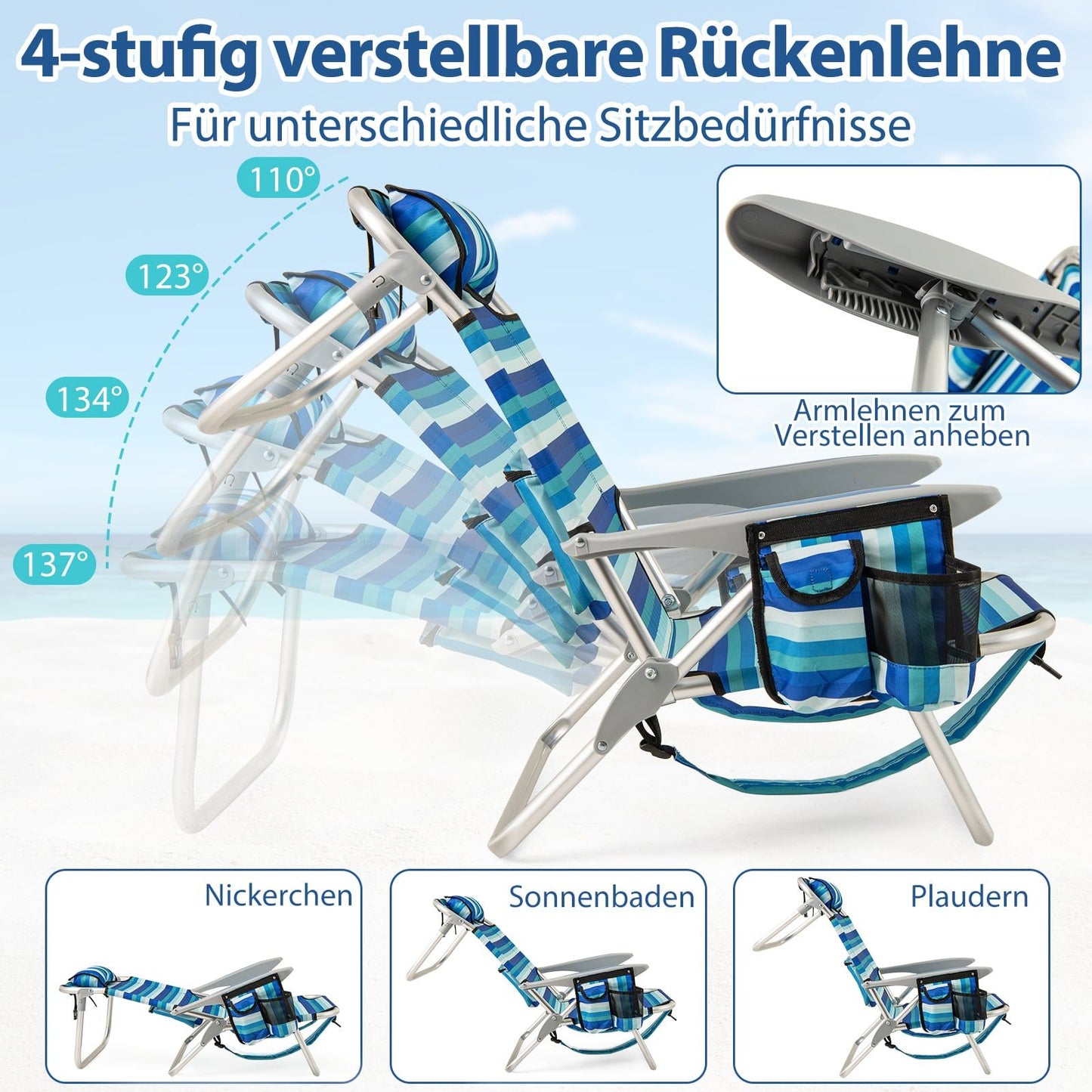 Folding Beach Chair Set with Adjustable Backrest & Cooler