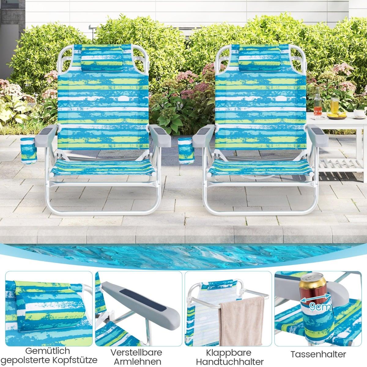Folding Beach Chairs, Adjustable Backrest, 2-Pack, Green