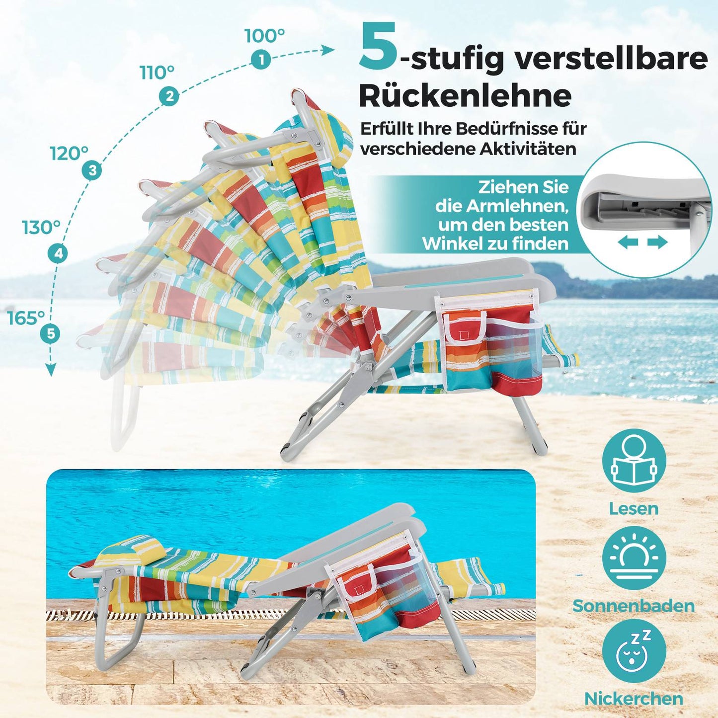 Folding Beach Chair with Adjustable Backrest, Blue Stripes