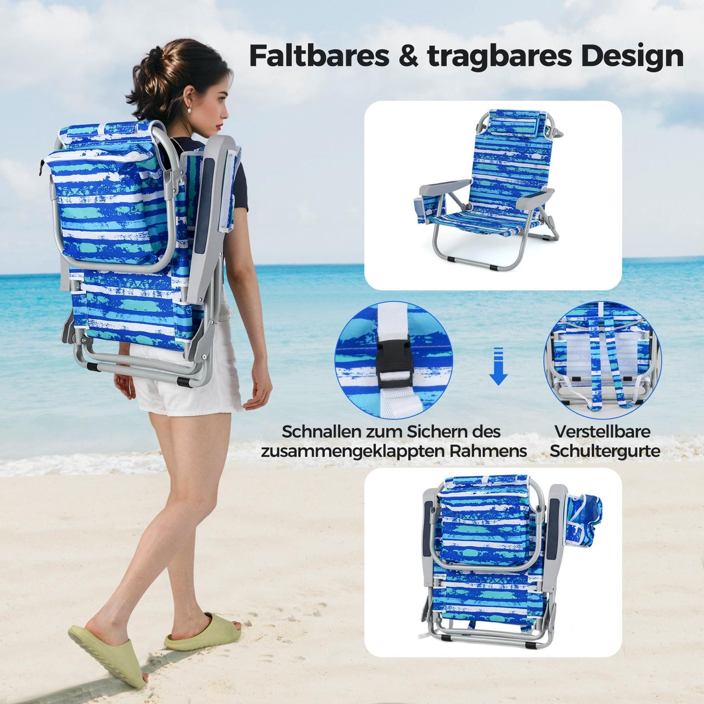 Folding Beach Chair with Adjustable Backrest, Blue Stripes
