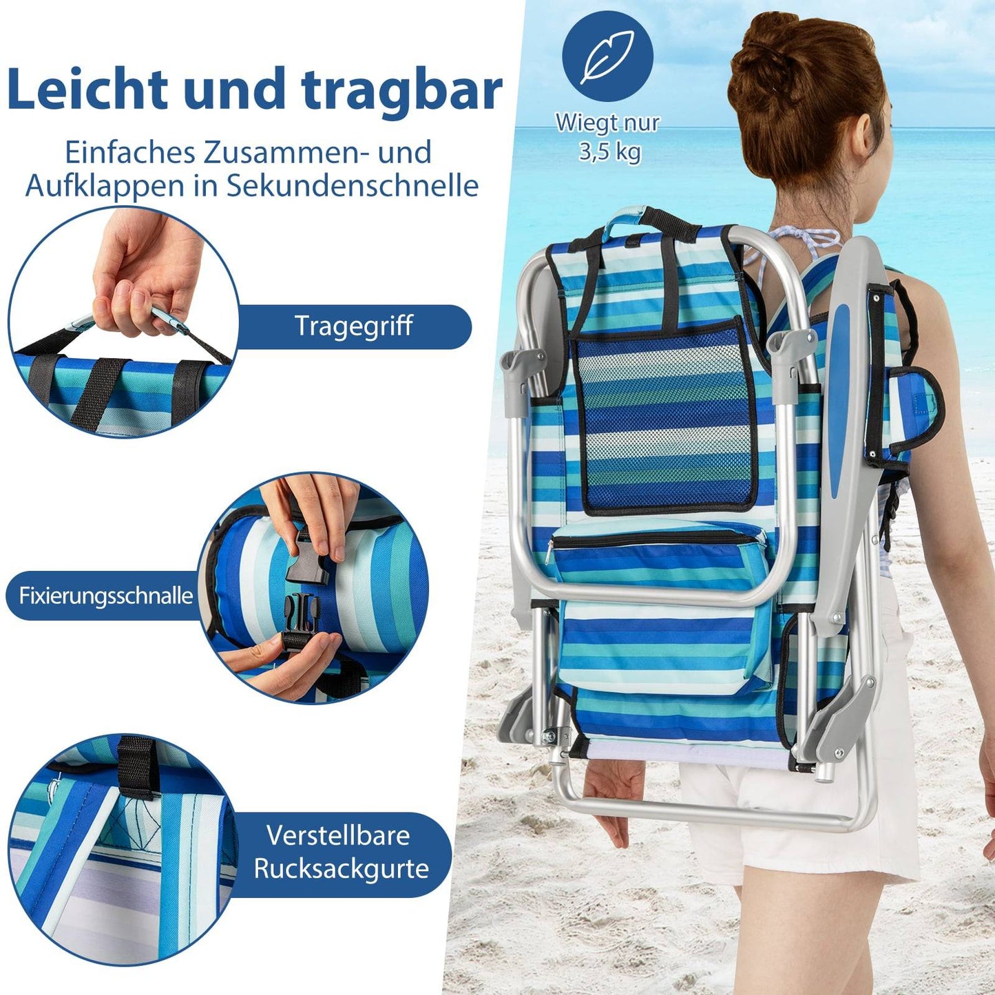 Folding Beach Chair with Adjustable Backrest & Cooler