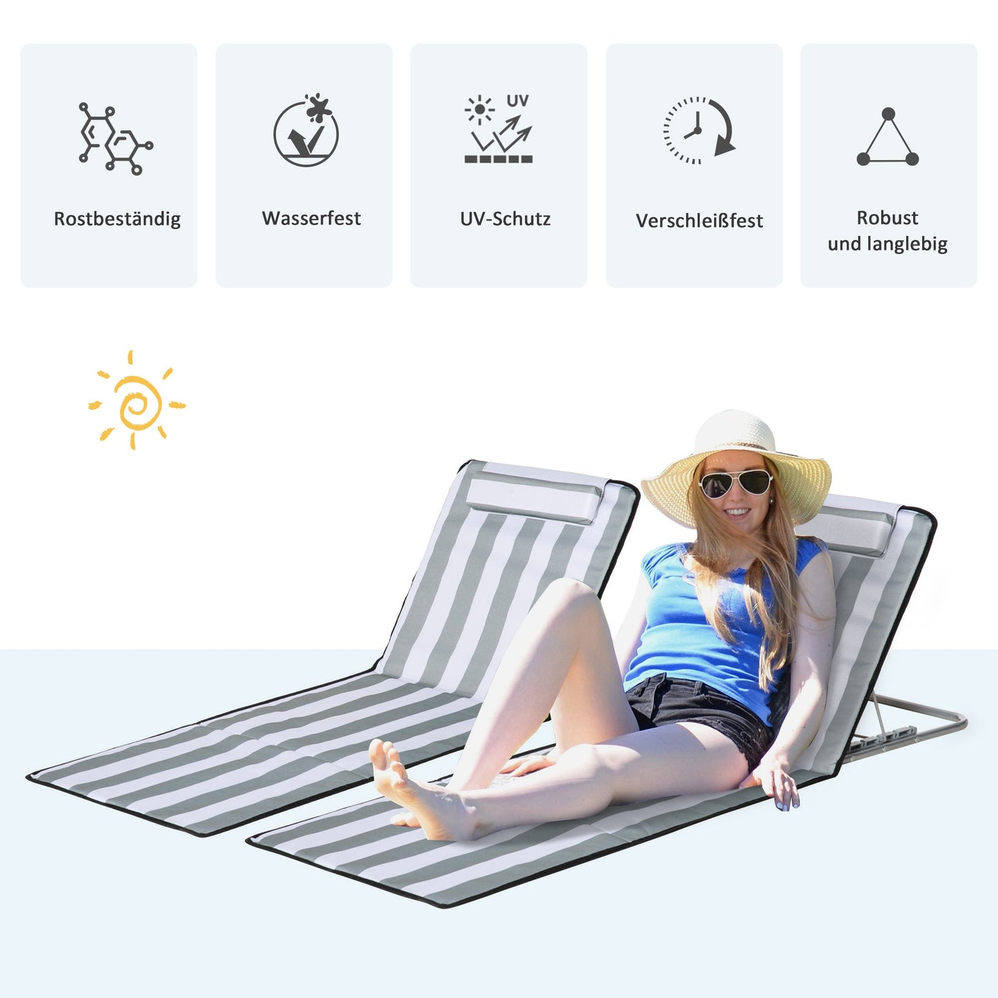 Folding Beach Lounger with Cushion, Adjustable Backrest