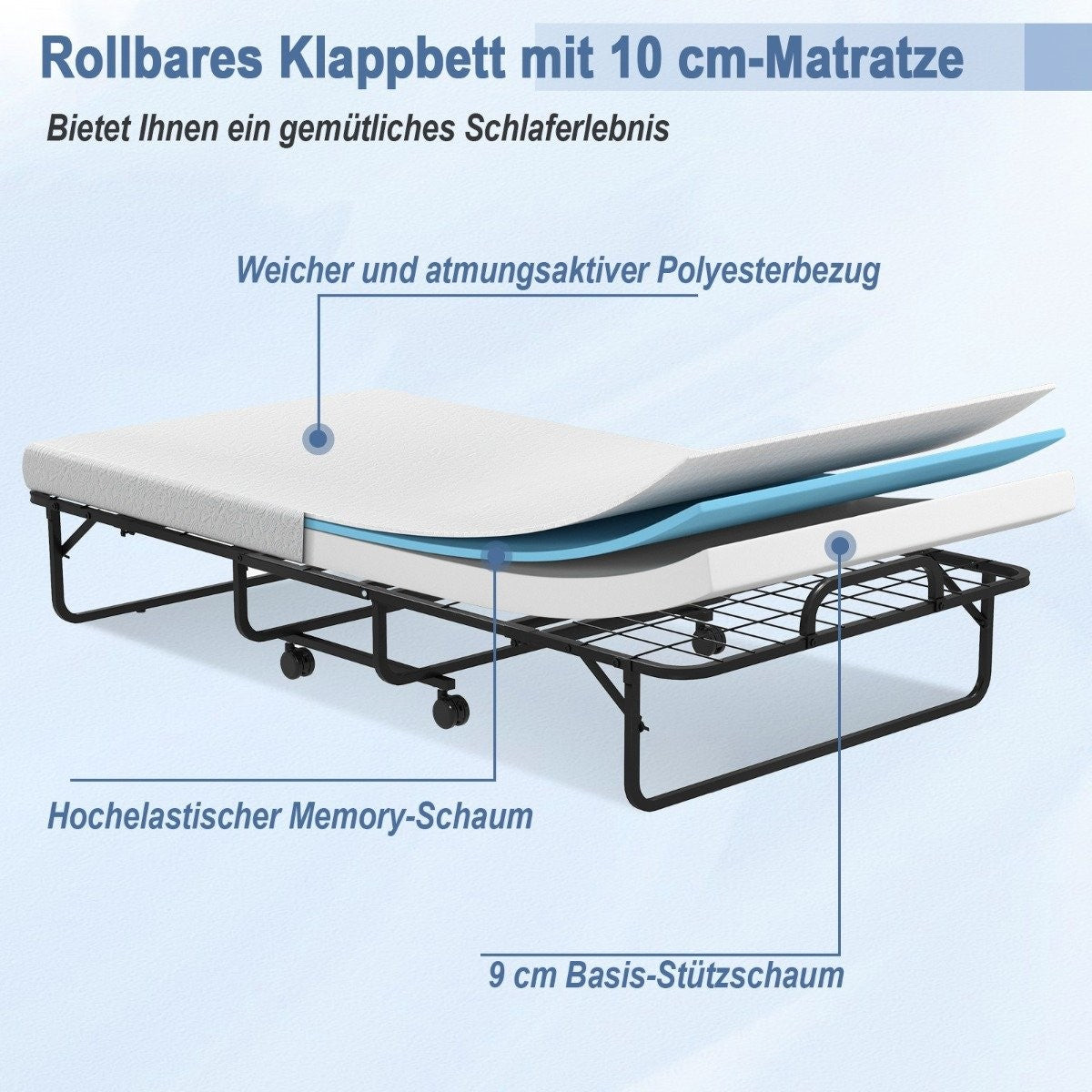 Folding Bed with Memory Foam Mattress & Sturdy Metal Frame Portable Rollaway Bed