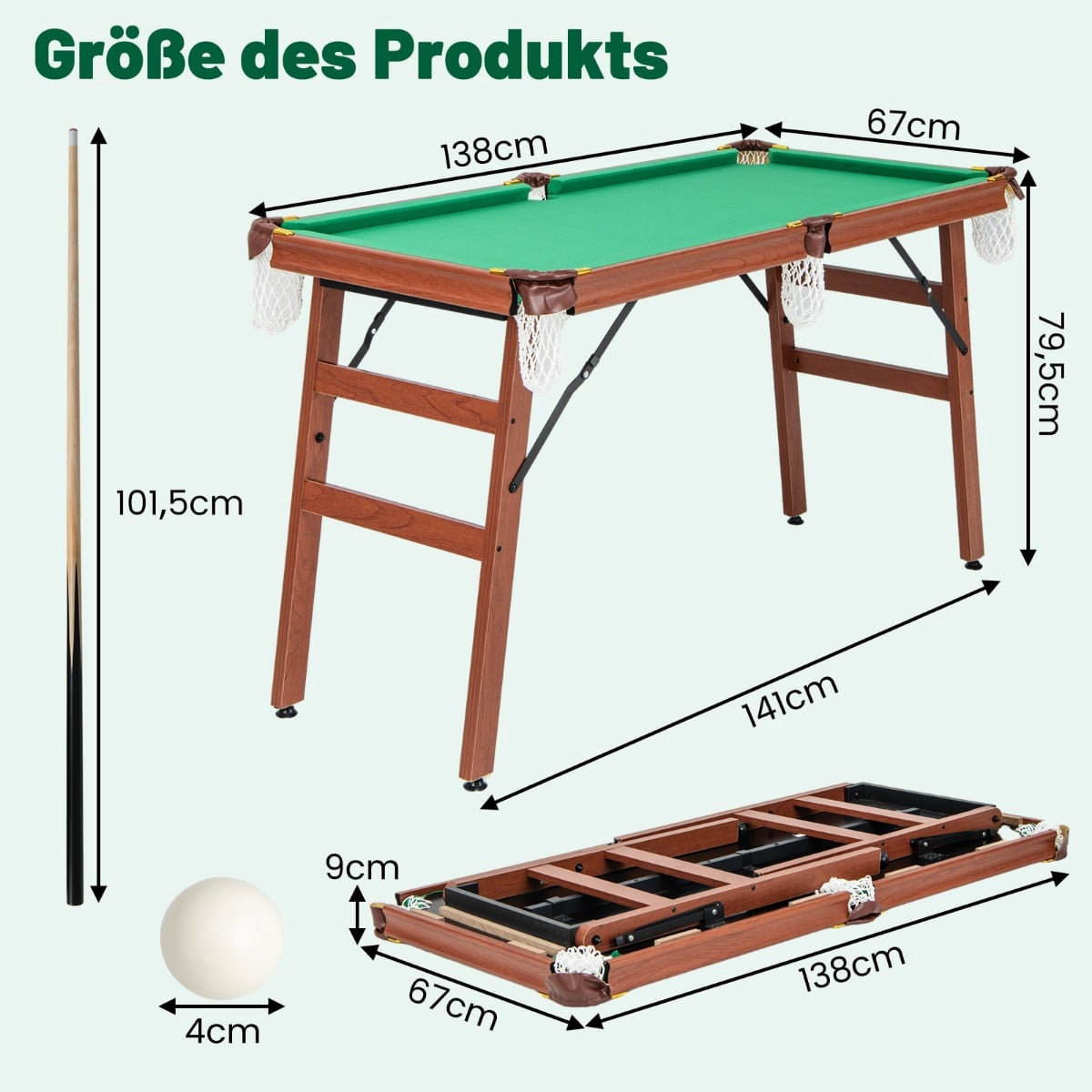 Folding Billiard Table Set with Cues, Balls, Chalk, 138cm