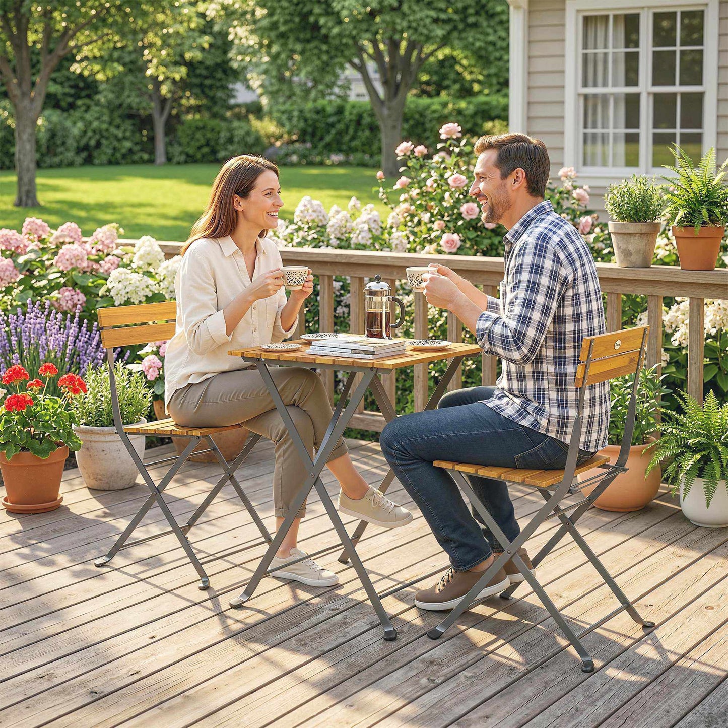 Folding Bistro Set for 2, Teak Acacia Wood & Steel