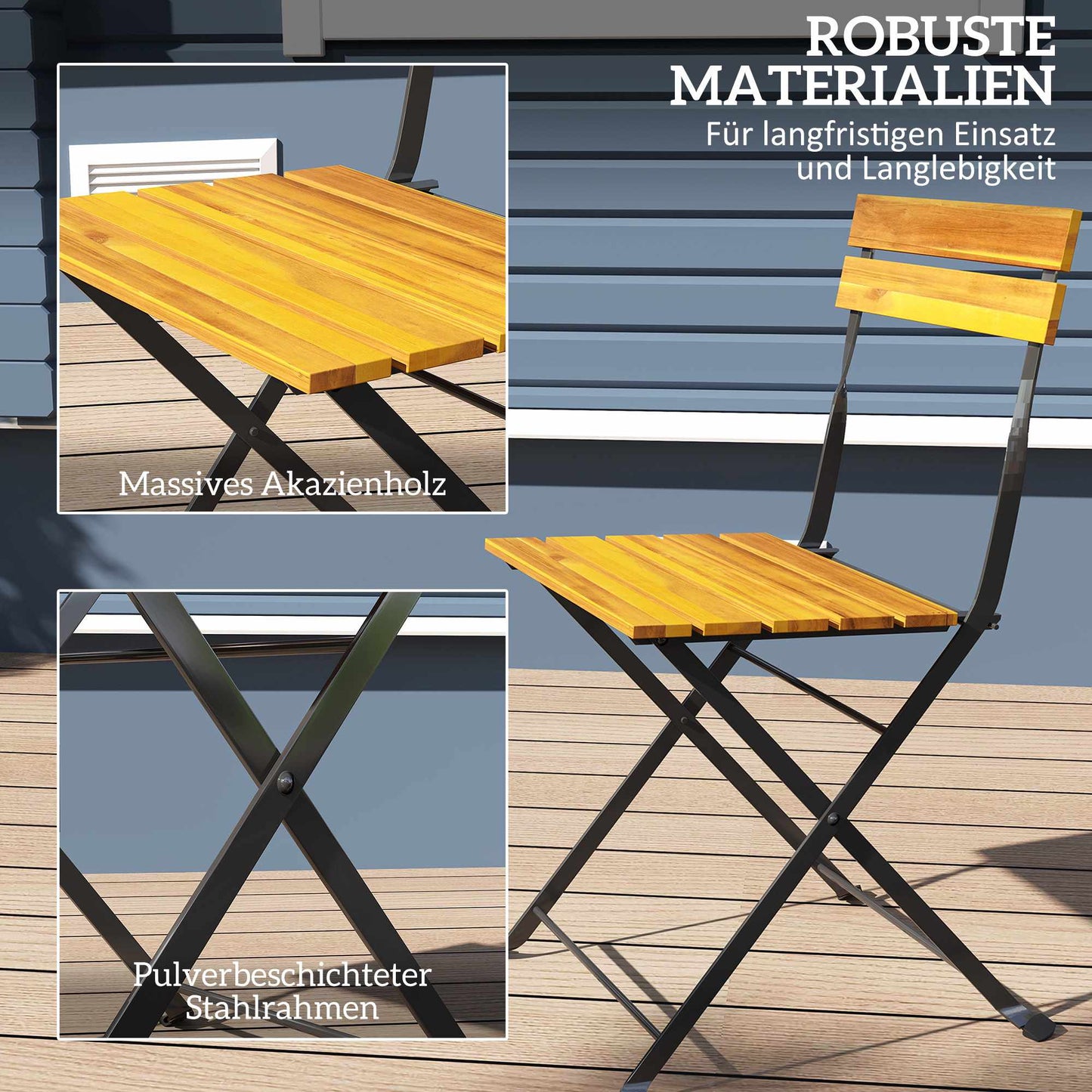 Folding Bistro Set for 2, Teak Acacia Wood & Steel