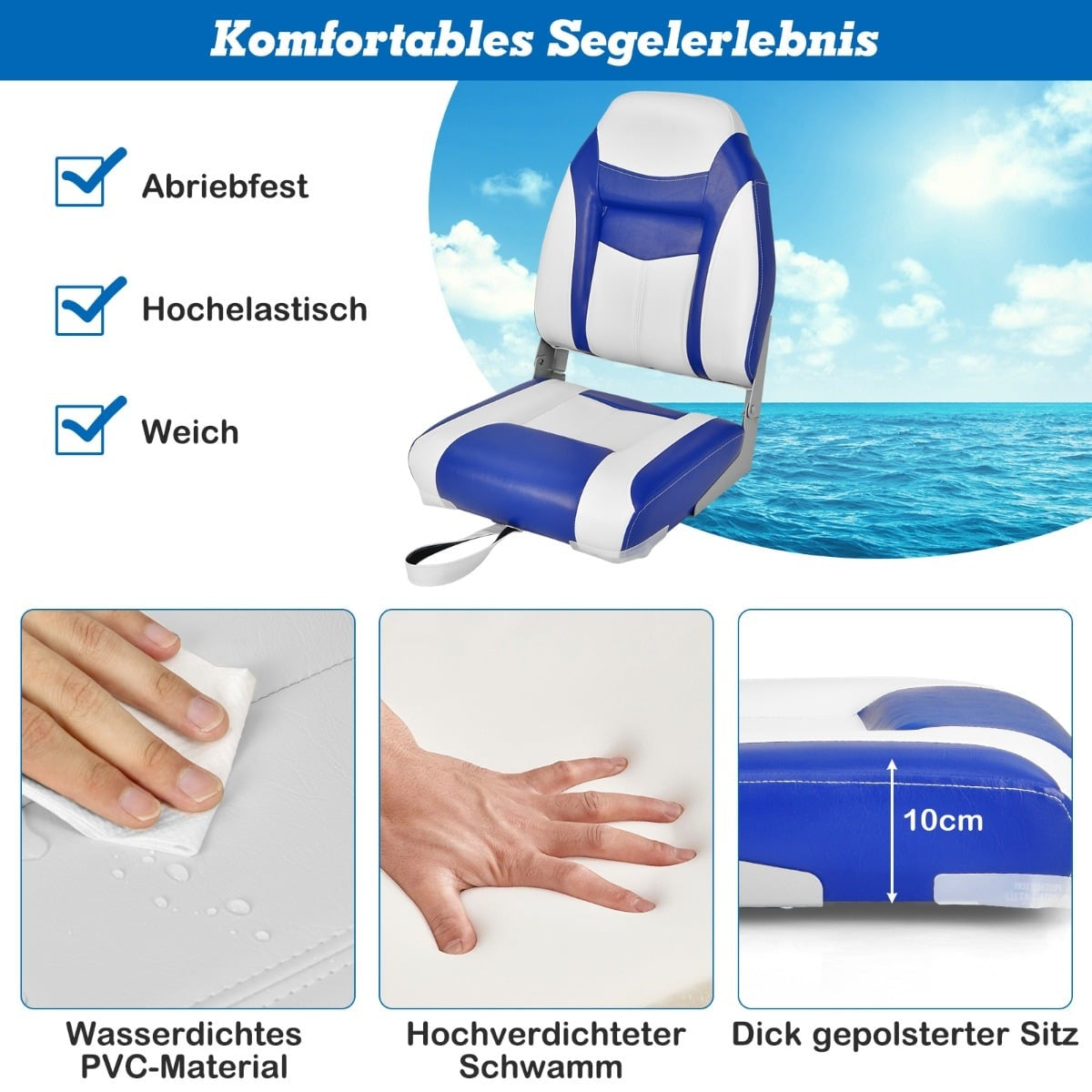 Folding Boat Seat Set, High Back, Thick Foam Padding, Blue