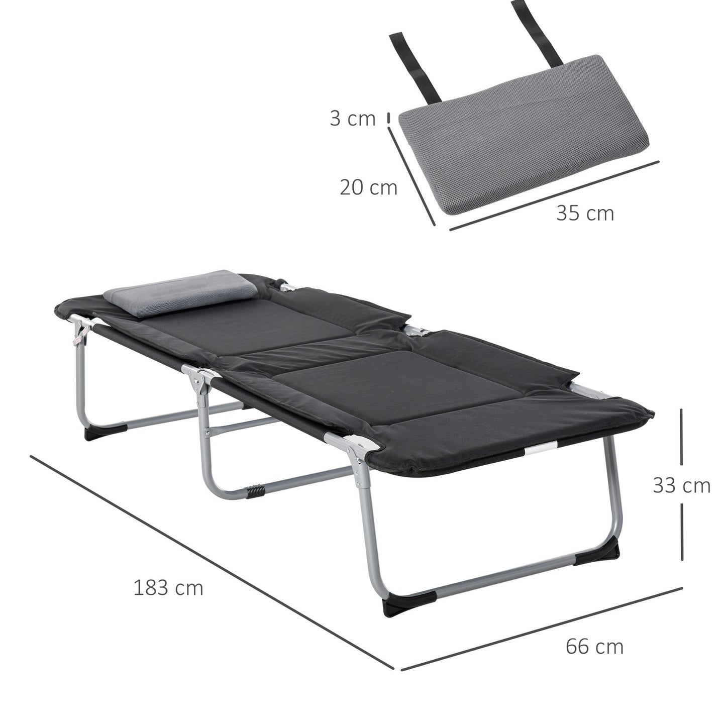 Lightweight portable camping bed with pillow, 183x66x33cm