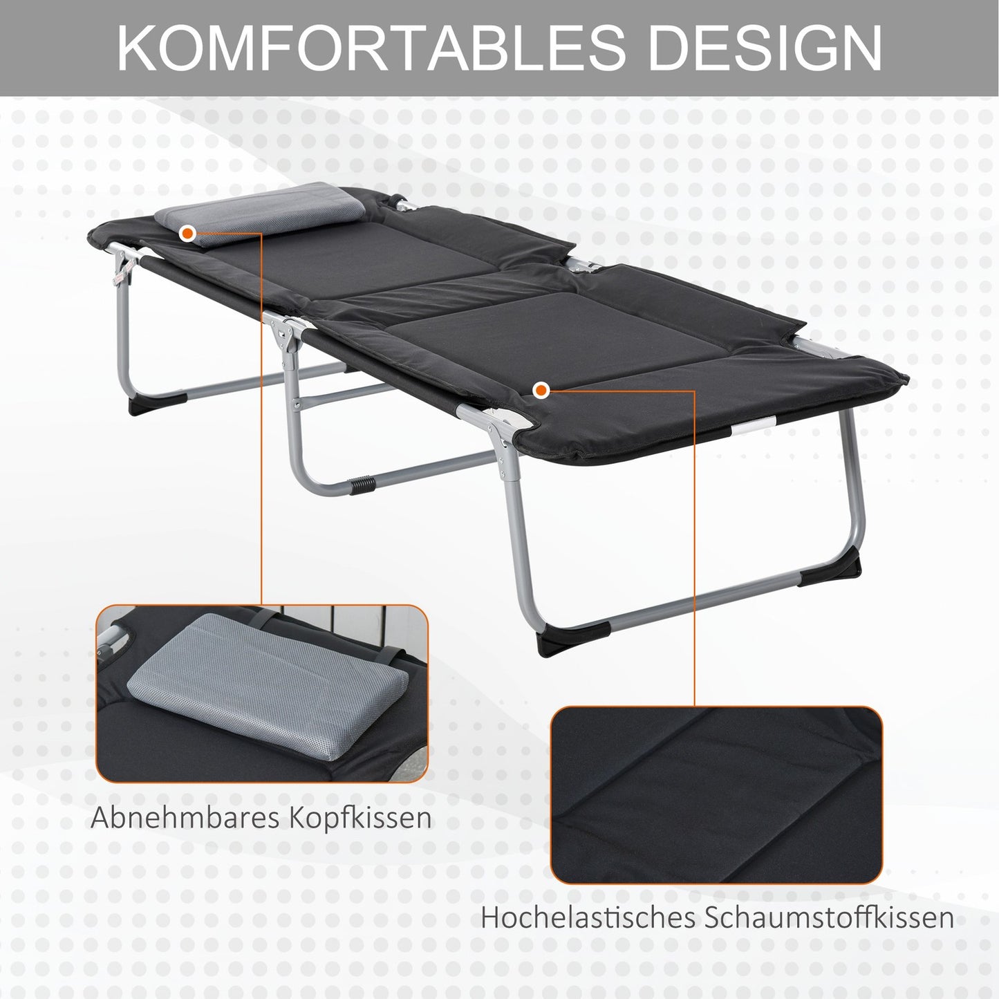 Lightweight portable camping bed with pillow, 183x66x33cm