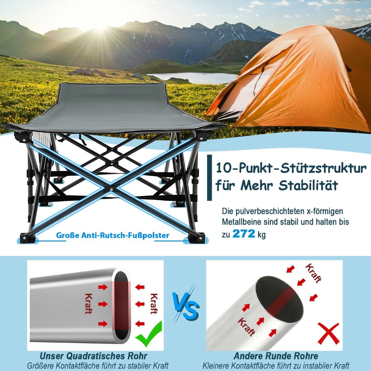 Folding Camping Bed Durable Travel Bed 190 x 70 x 54 cm Gray