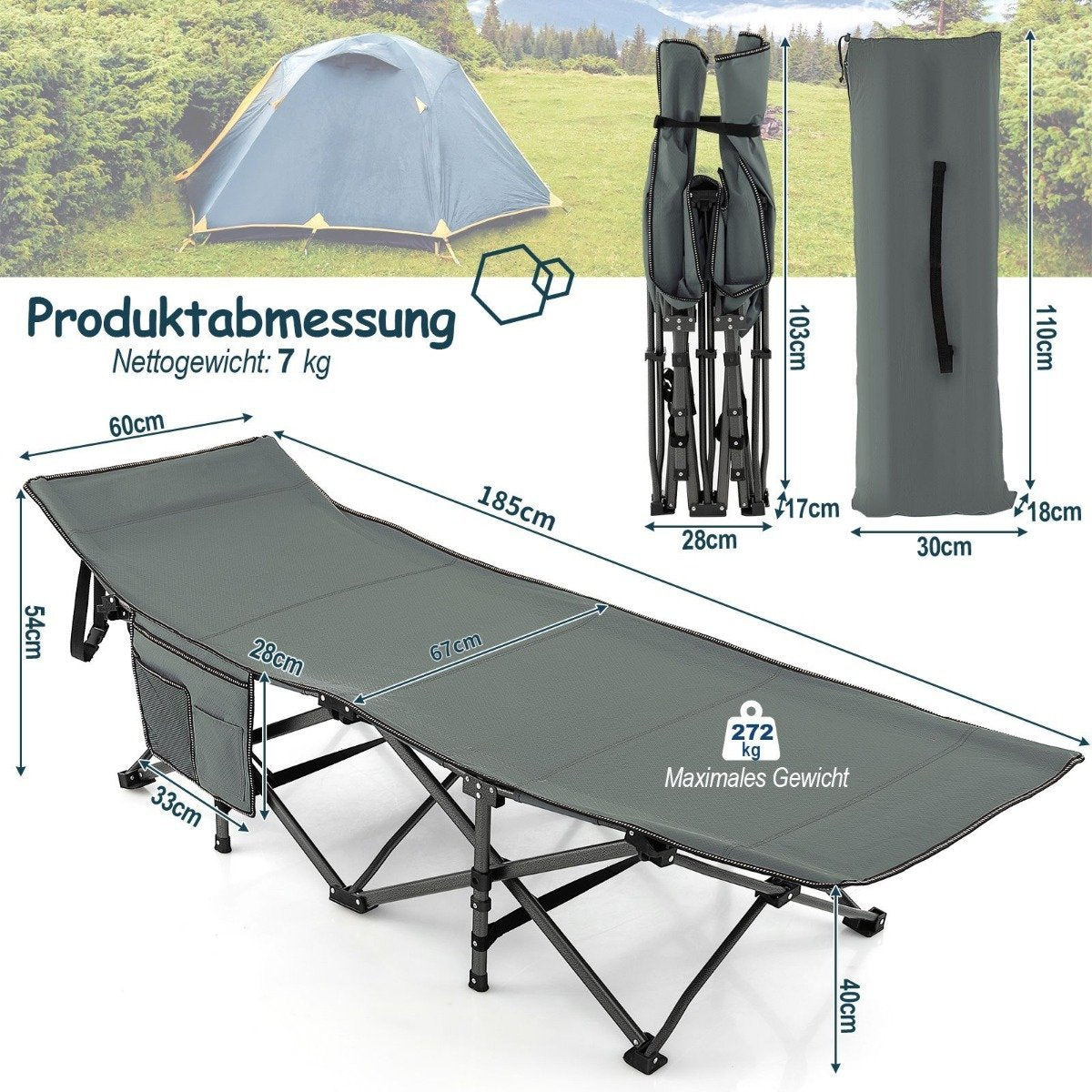 Folding Camping Bed Durable Travel Bed 190 x 70 x 54 cm Gray