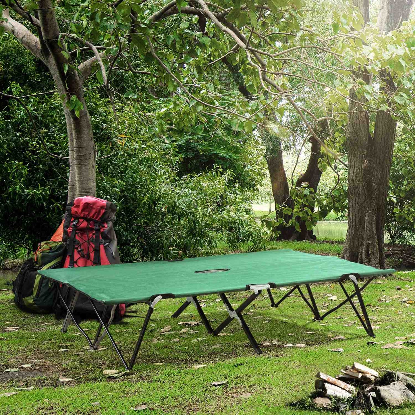 Double camping bed with carry bag, steel frame, 136 kg capacity