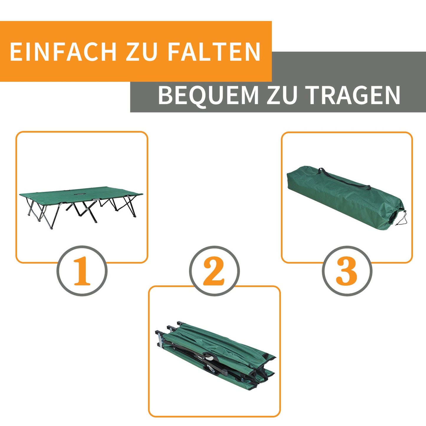 Double camping bed with carry bag, steel frame, 136 kg capacity