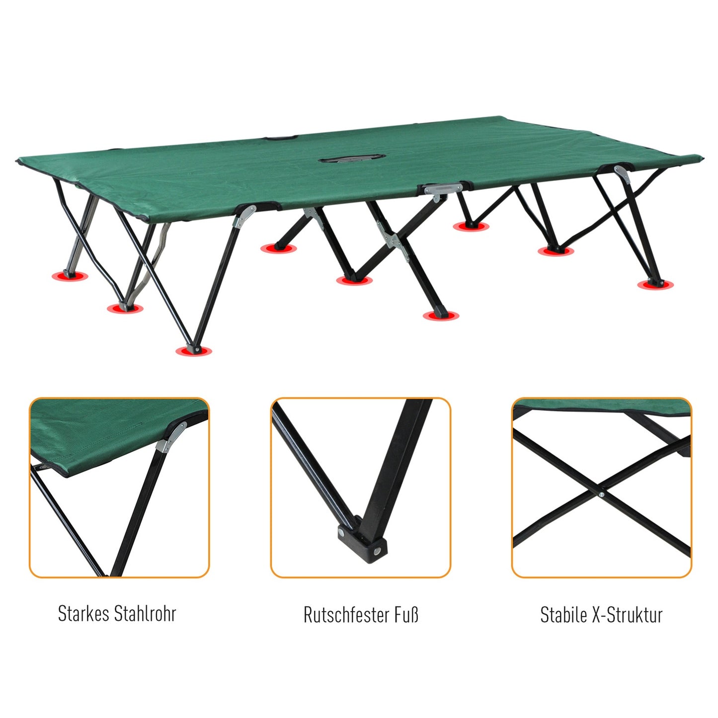 Double camping bed with carry bag, steel frame, 136 kg capacity