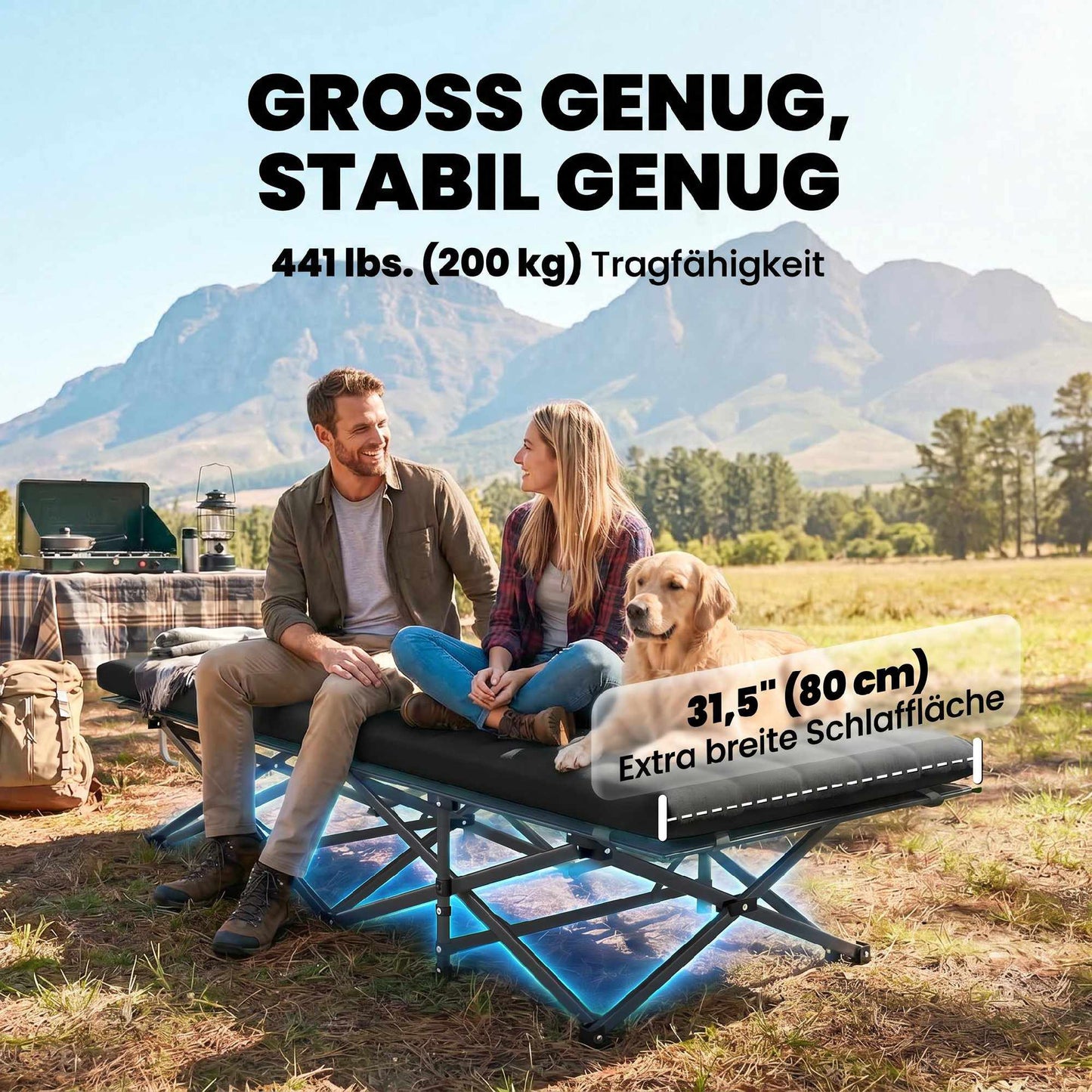 Folding Camping Bed with Carry Bag, 200kg Capacity, Black