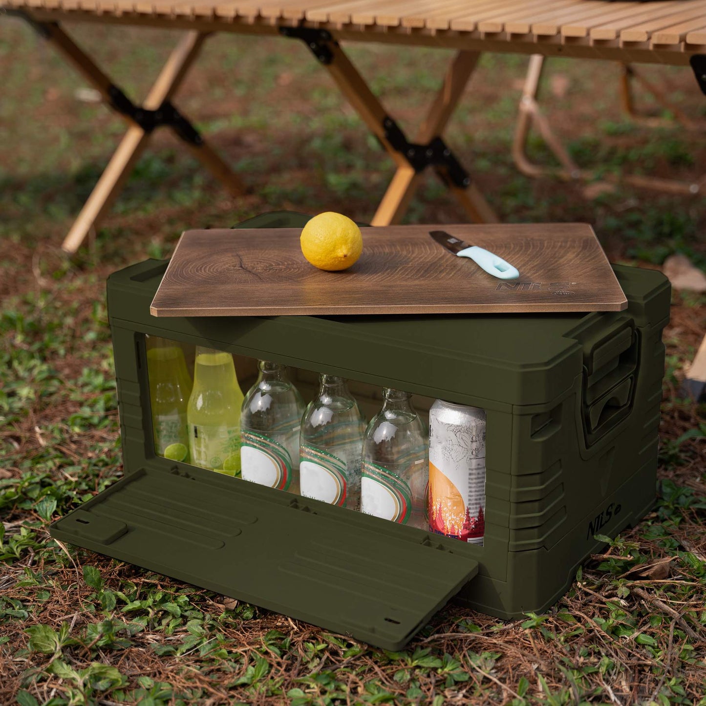 Folding Camping Box with Lid & Table – 32L, Green