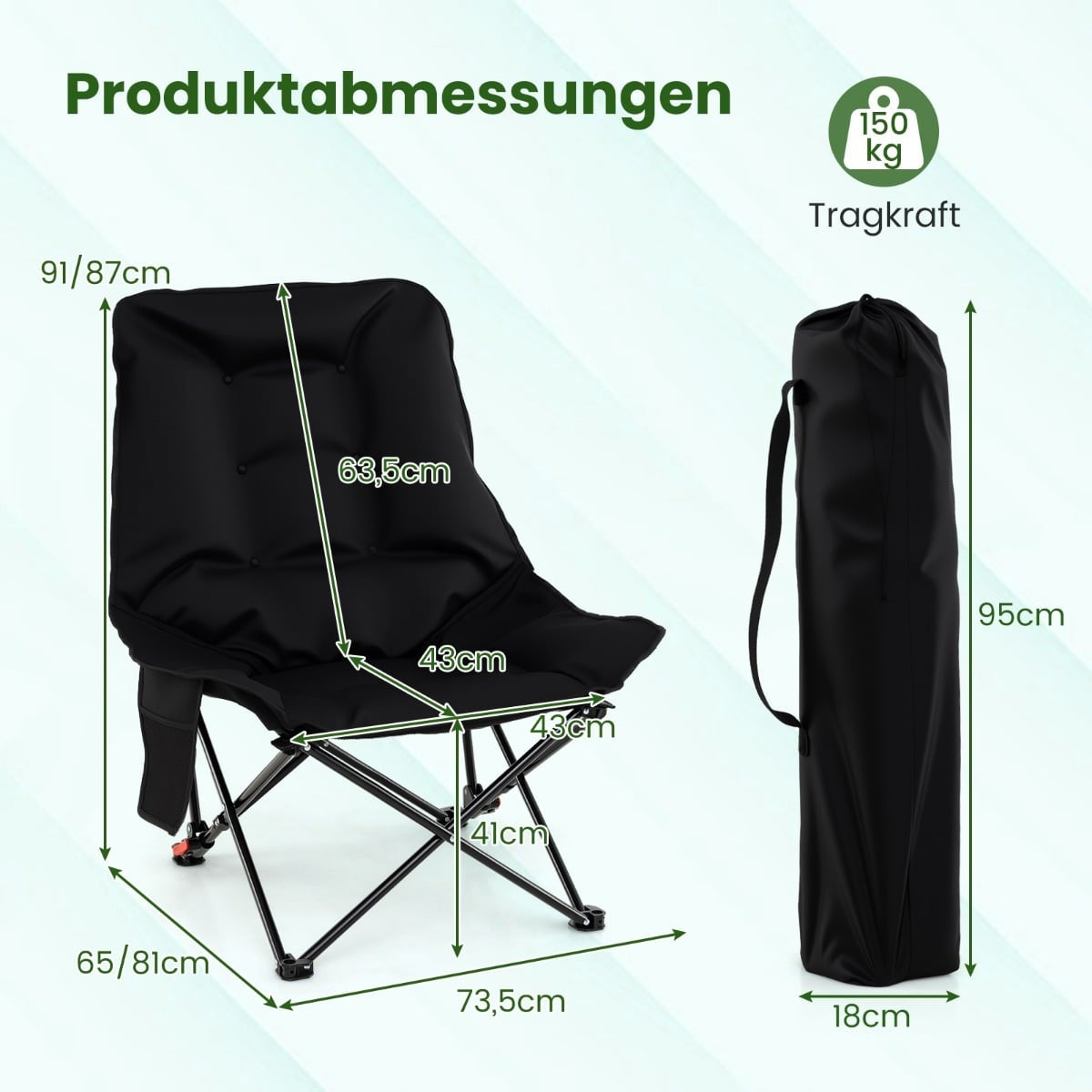 Folding Camping Chair, Adjustable Backrest, Side Pocket