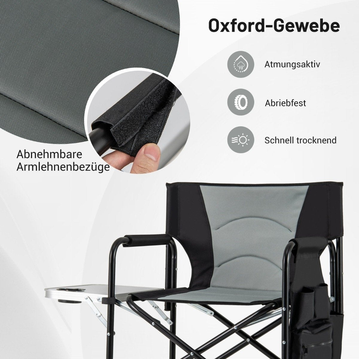 Folding Camping Chair with Side Table and Footrest, Black/Grey