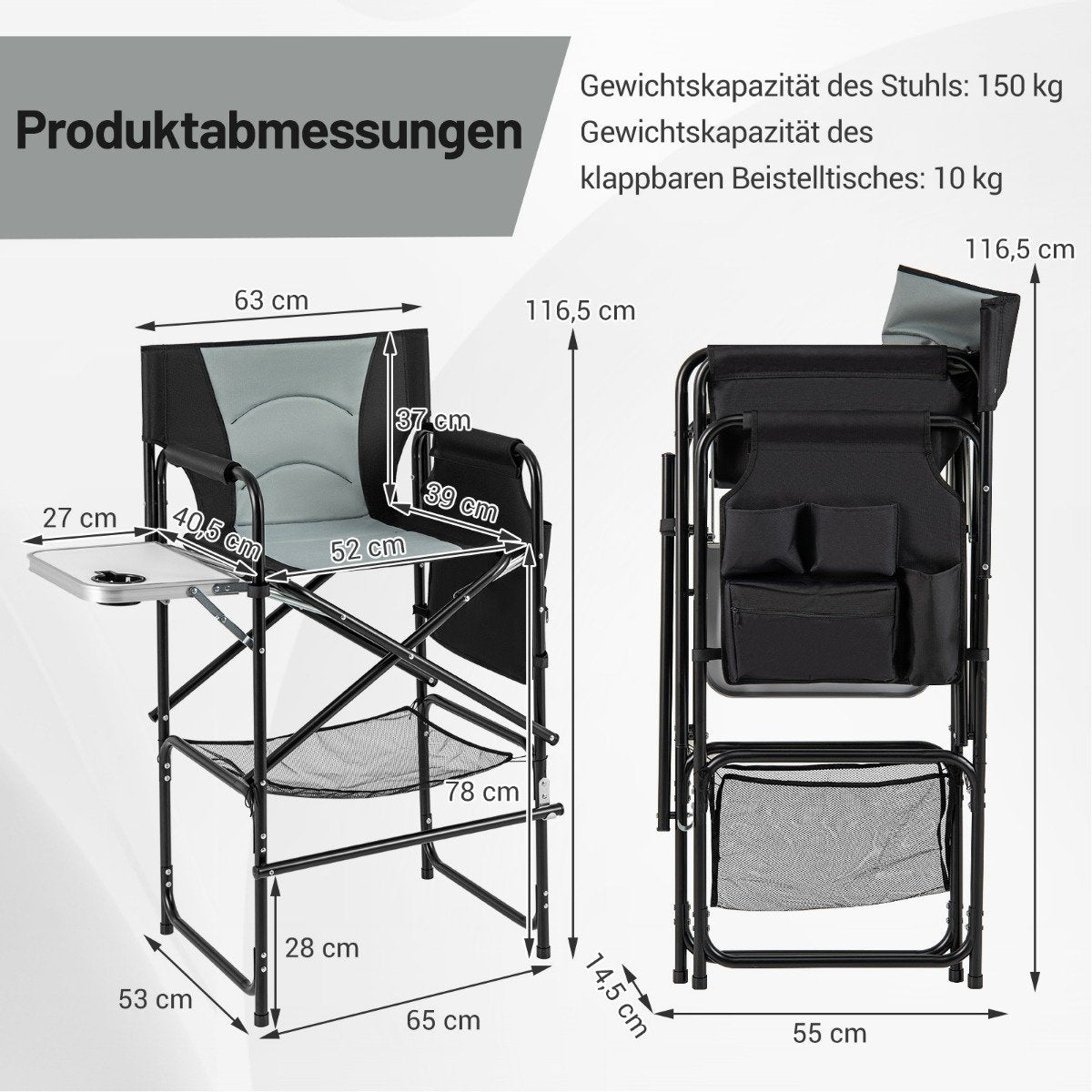 Folding Camping Chair with Side Table and Footrest, Black/Grey