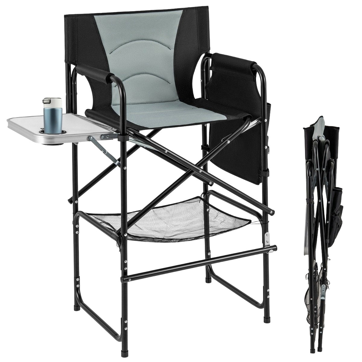 Folding Camping Chair with Side Table and Footrest, Black/Grey